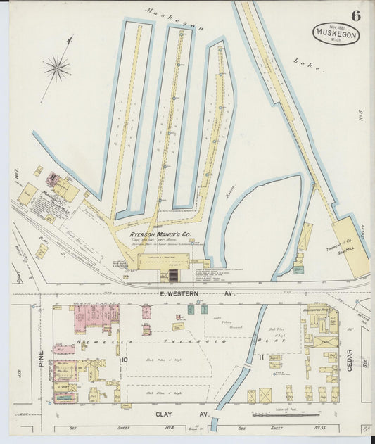 Sanborn Fire Insurance Map from Muskegon, Muskegon County, Michigan (1887), Sheet #0006 - Historic Sanborn Fire Insurance Map Print, vintage old map wall art, antique decor, genealogy gift, Michigan Michigan map