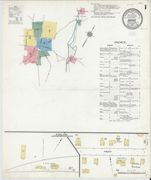 Sanborn Fire Insurance Map from Barre, Worcester County, Massachusetts (1911), Sheet #0001 - Historic Sanborn Fire Insurance Map Print, vintage old map wall art, antique decor, genealogy gift, Massachusetts Massachusetts map