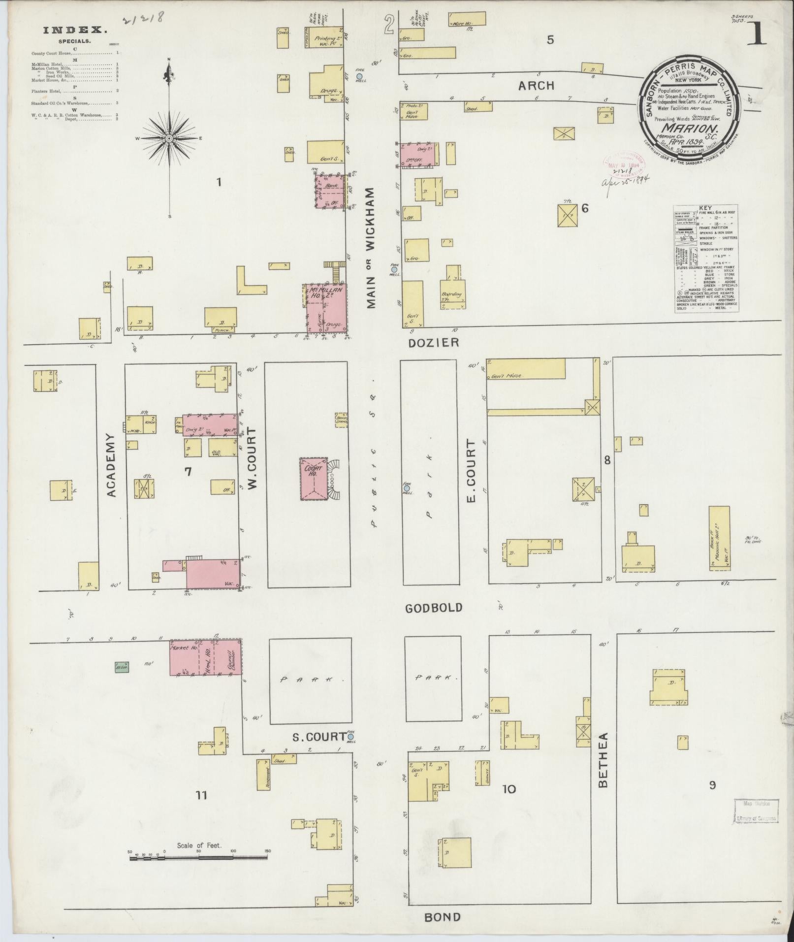 Sanborn Fire Insurance Map from Marion, Marion County, South Carolina. (1894) – Historic Sanborn Fire Insurance Map Print