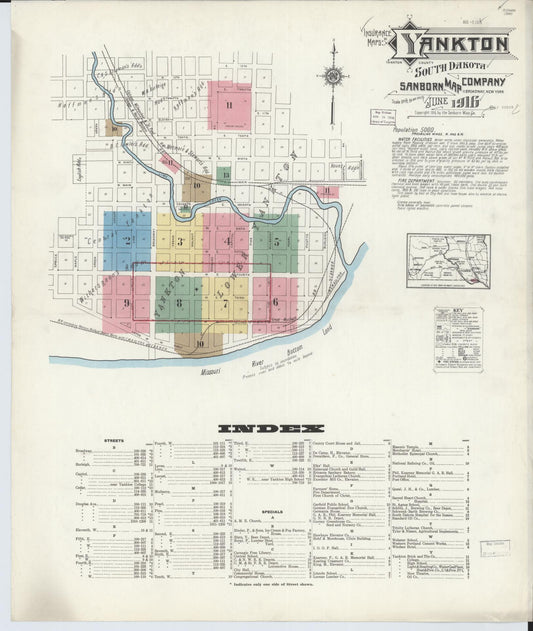 Sanborn Fire Insurance Map from Yankton, Yankton County, South Dakota (1916), Sheet #0001 - Complete Map Set gallery image, historic Sanborn map, vintage wall art, South Dakota South Dakota