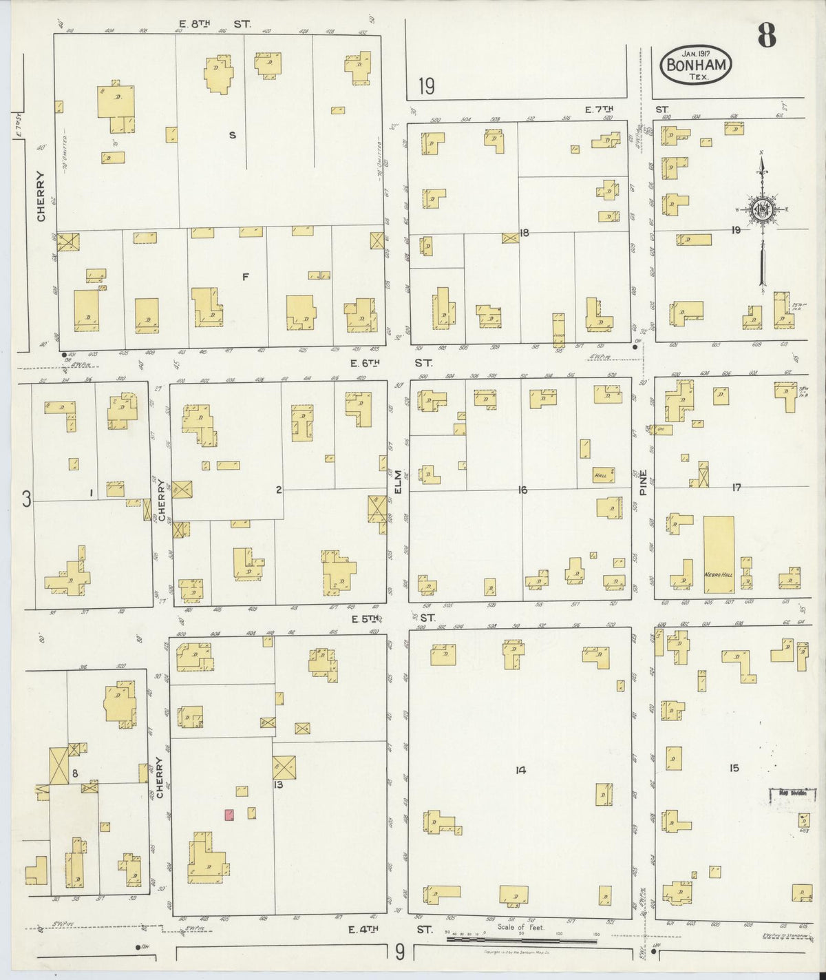 Sanborn Fire Insurance Map from Bonham, Fannin County, Texas (1917), Sheet #0008 - Complete Map Set gallery image, historic Sanborn map, vintage wall art, Texas Texas