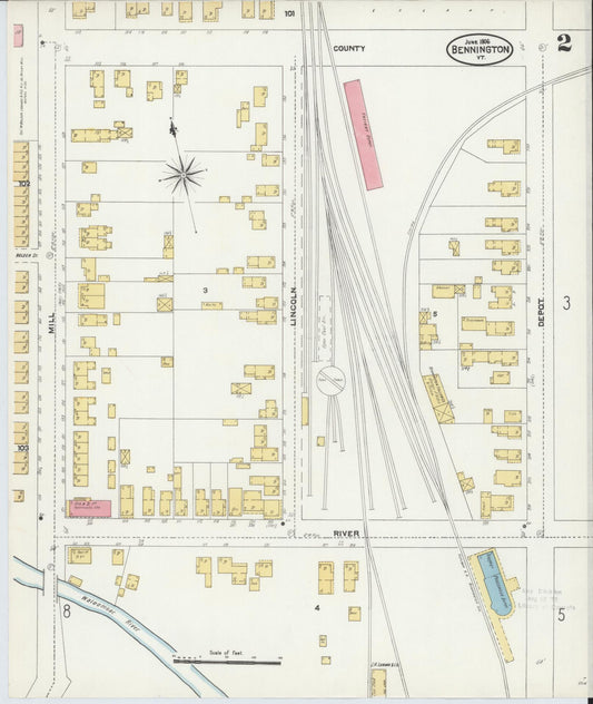 Sanborn Fire Insurance Map from Bennington, Bennington County, Vermont (1906), Sheet #0002 - Historic Sanborn Fire Insurance Map Print, vintage old map wall art, antique decor, genealogy gift, Vermont Vermont map