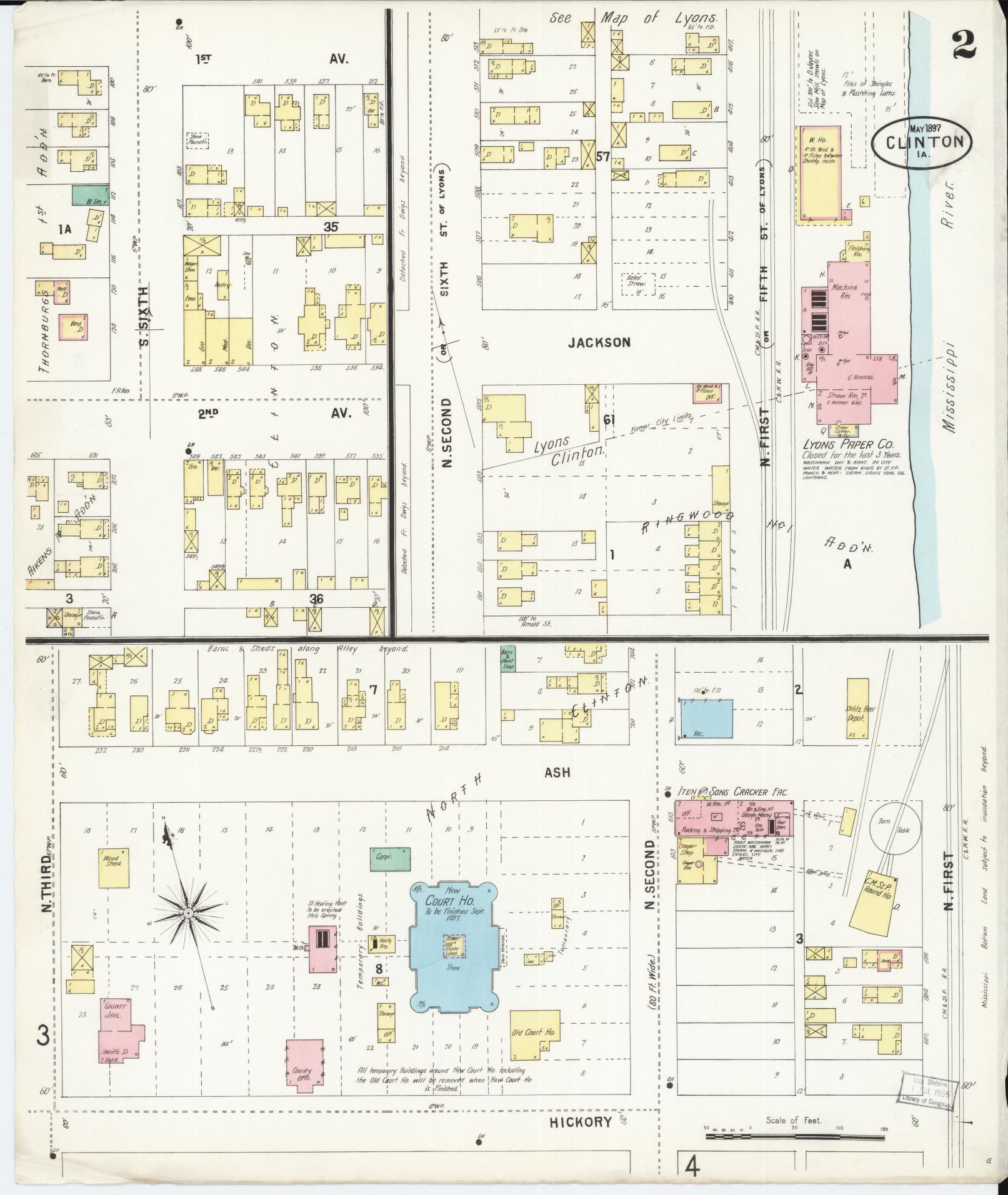 Sanborn Fire Insurance Map from Clinton, Clinton County, Iowa (1897), Sheet #0002 - Historic Sanborn Fire Insurance Map Print, vintage old map wall art