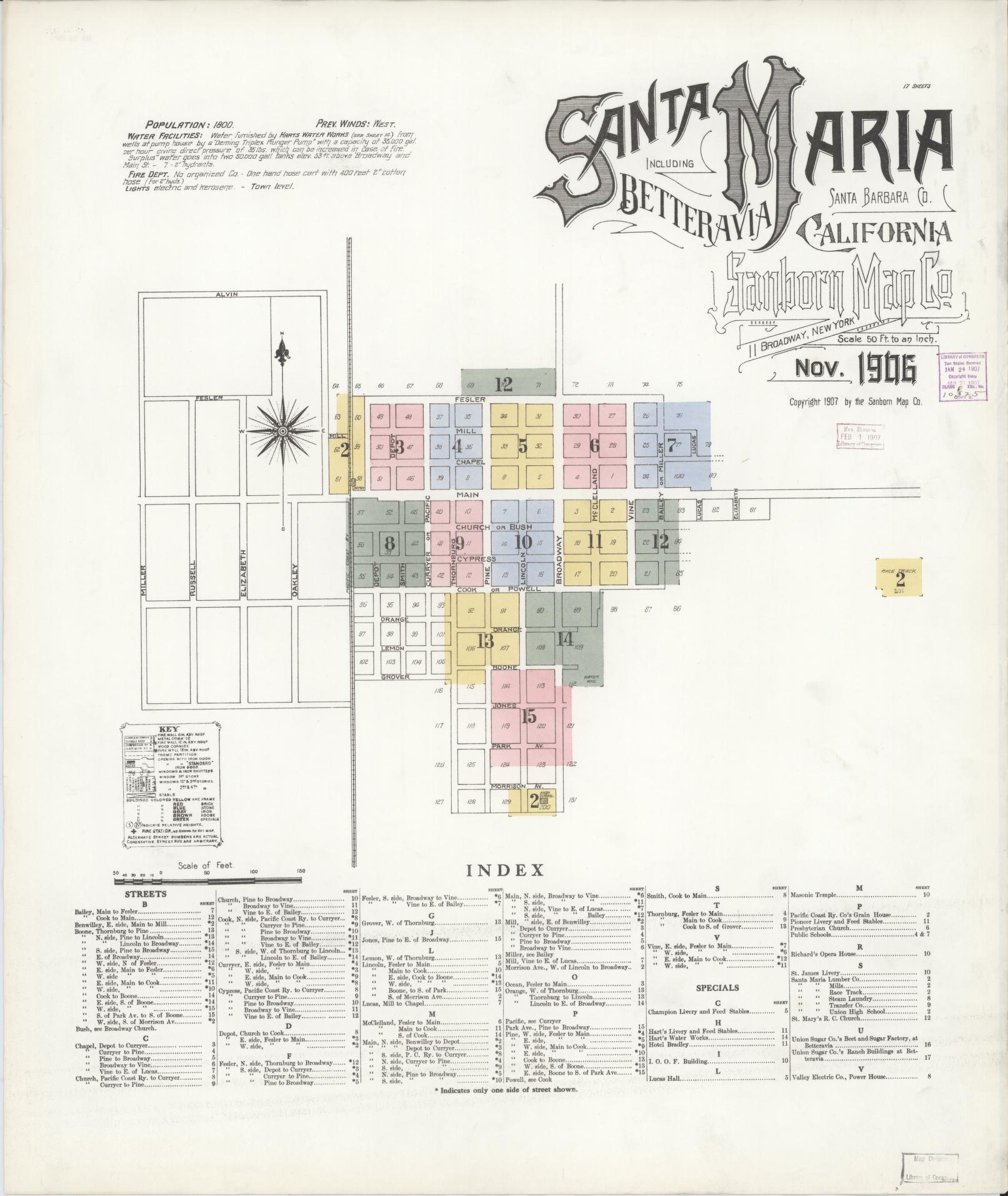 Sanborn Fire Insurance Map from Santa Maria, Santa Barbara County, California (1906), Sheet #0001 - Complete Map Set gallery image, historic Sanborn map, vintage wall art, California California