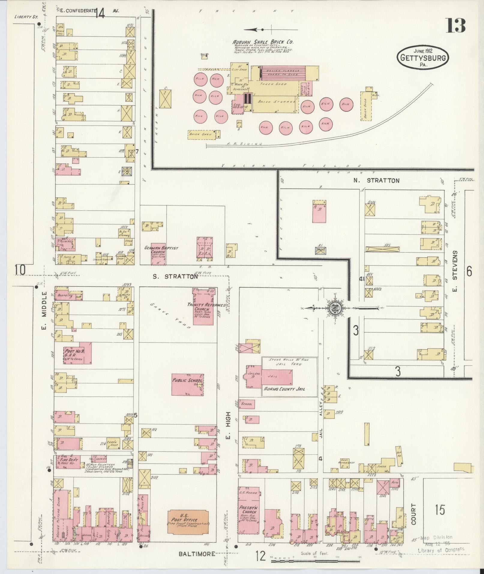 Sanborn Fire Insurance Map from Gettysburg, Adams County, Pennsylvania (1912), Sheet #0013 - Historic Sanborn Fire Insurance Map Print, vintage old map wall art, antique decor, genealogy gift, Pennsylvania Pennsylvania map