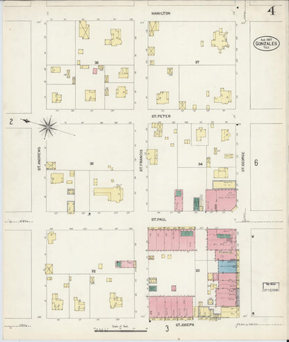 Sanborn Fire Insurance Map from Gonzales, Gonzales County, Texas (1907), Sheet #0004 - Complete Map Set gallery image, historic Sanborn map, vintage wall art, Texas Texas