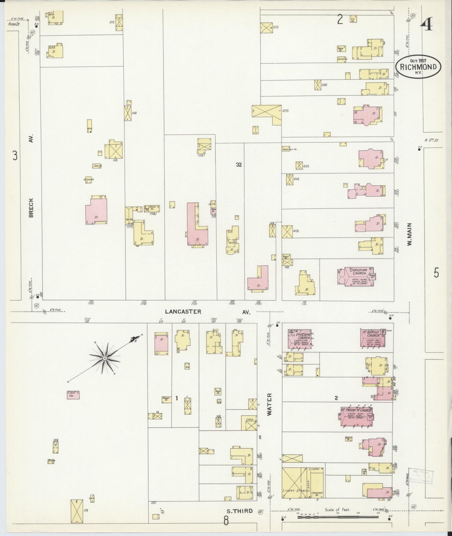 Sanborn Fire Insurance Map from Richmond, Madison County, Kentucky (1907), Sheet #0004 - Historic Sanborn Fire Insurance Map Print, vintage old map wall art, antique decor, genealogy gift, Kentucky Kentucky map