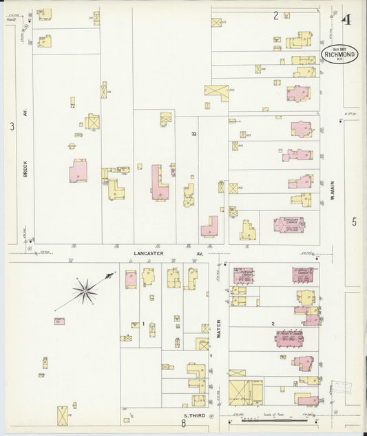 Sanborn Fire Insurance Map from Richmond, Madison County, Kentucky (1907), Sheet #0004 - Historic Sanborn Fire Insurance Map Print, vintage old map wall art, antique decor, genealogy gift, Kentucky Kentucky map