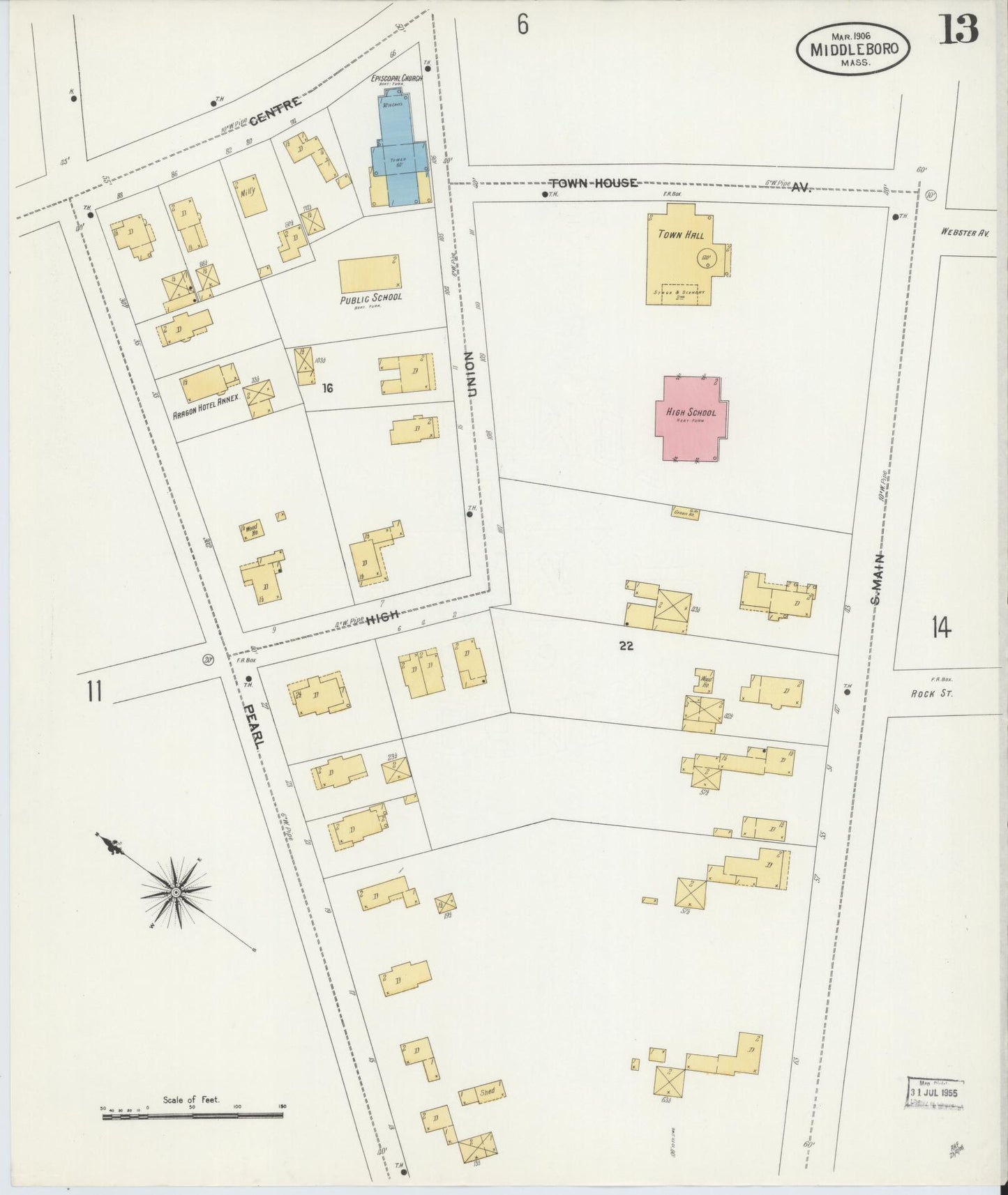 Sanborn Fire Insurance Map from Middleboro, Plymouth County, Massachusetts (1906), Sheet #0013 - Complete Map Set gallery image, historic Sanborn map, vintage wall art, Massachusetts Massachusetts