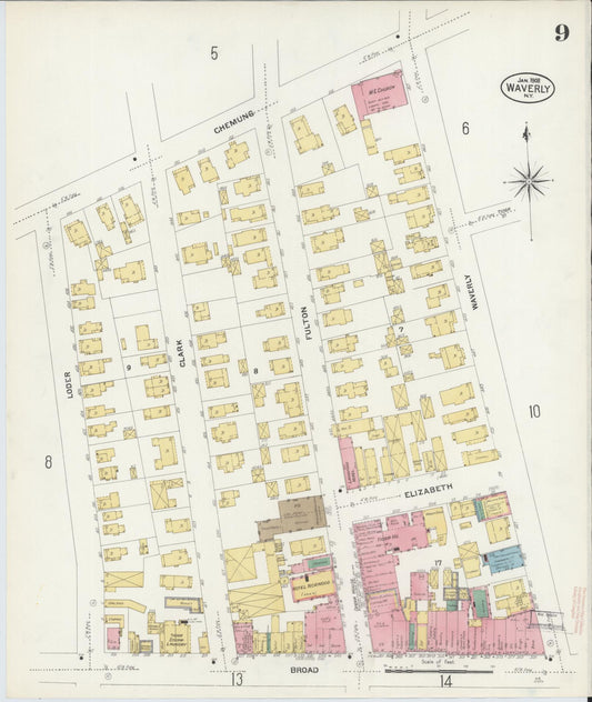 Sanborn Fire Insurance Map from Waverly, Tioga County, New York (1908), Sheet #0009 - Historic Sanborn Fire Insurance Map Print, vintage old map wall art, antique decor, genealogy gift, New York New York map