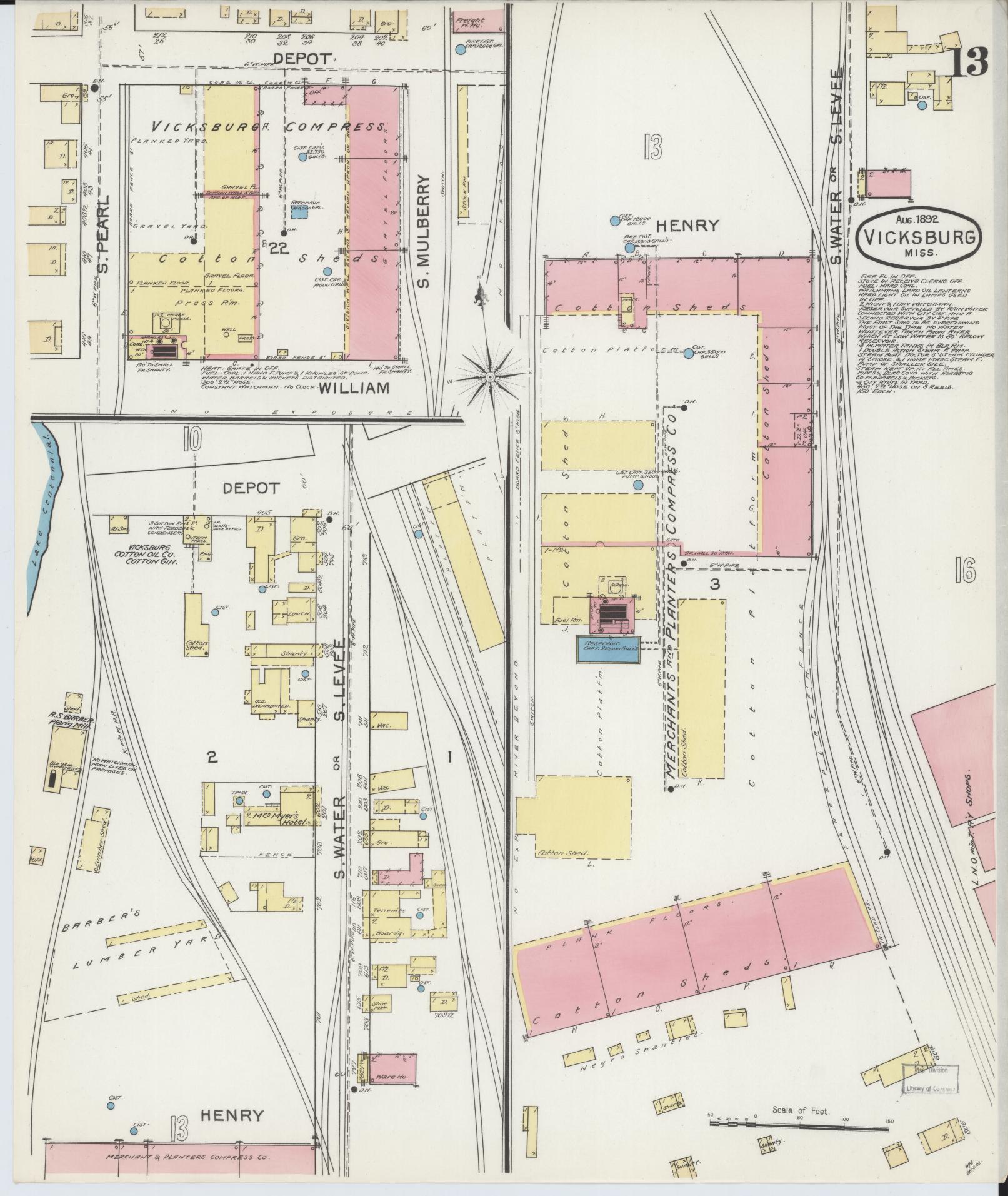 Sanborn Fire Insurance Map from Vicksburg, Warren County, Mississippi (1892), Sheet #0013 - Complete Map Set gallery image, historic Sanborn map, vintage wall art, Mississippi Mississippi