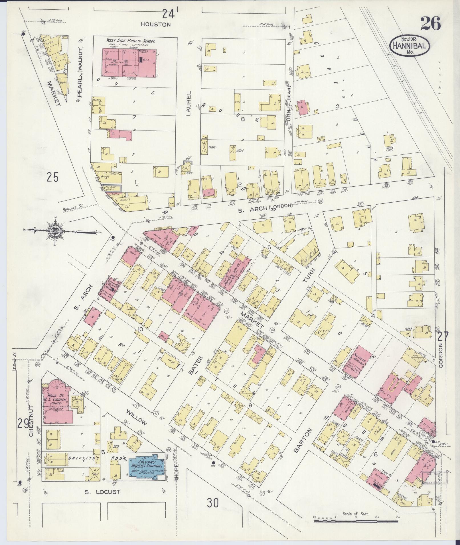Sanborn Fire Insurance Map from Hannibal, Marion County, Missouri (1913), Sheet #0026 - Complete Map Set gallery image, historic Sanborn map, vintage wall art, Missouri Missouri