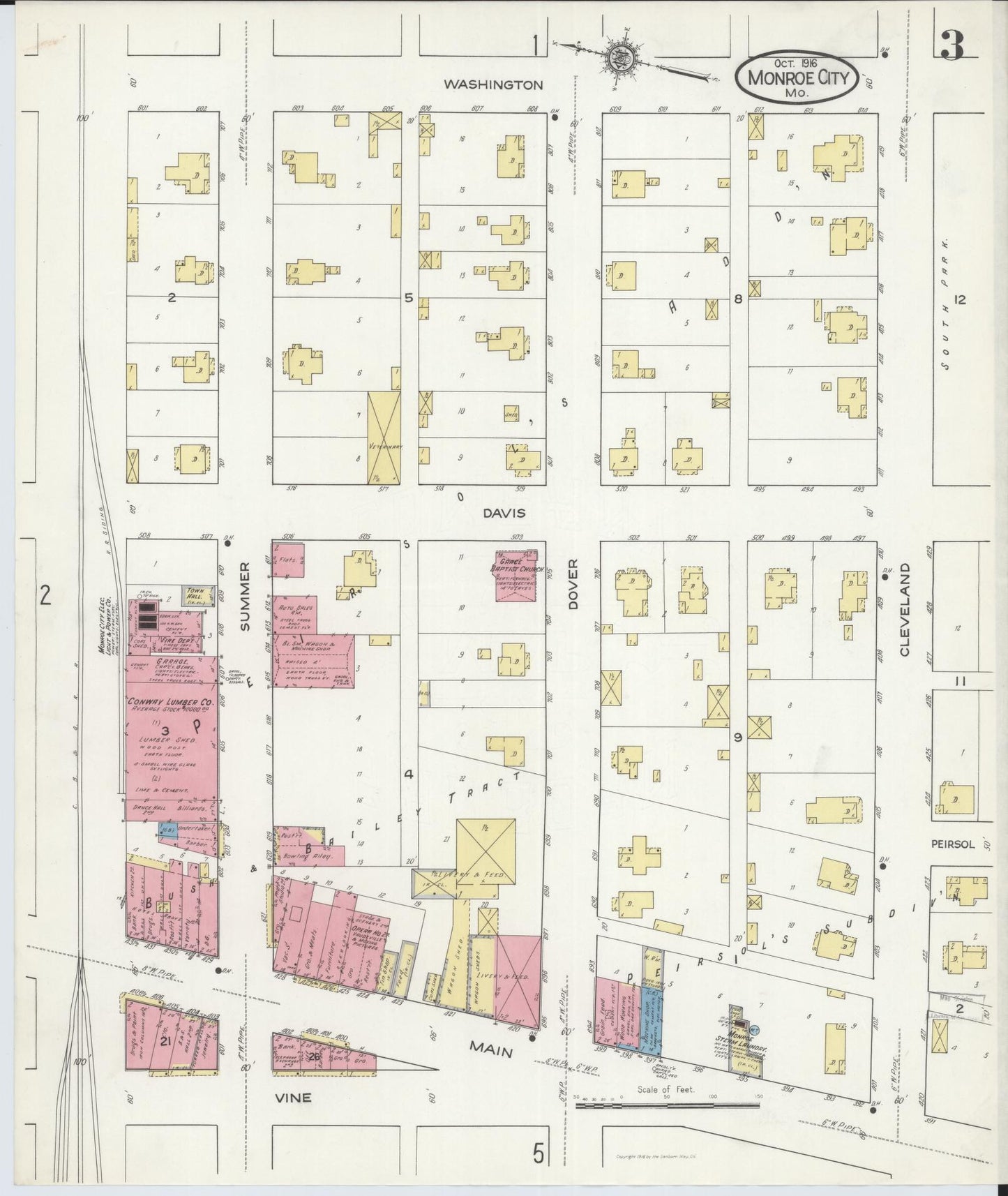 Sanborn Fire Insurance Map from Monroe City, Monroe County, Missouri (1916), Sheet #0003 - Historic Sanborn Fire Insurance Map Print, vintage old map wall art, antique decor, genealogy gift, Missouri Missouri map