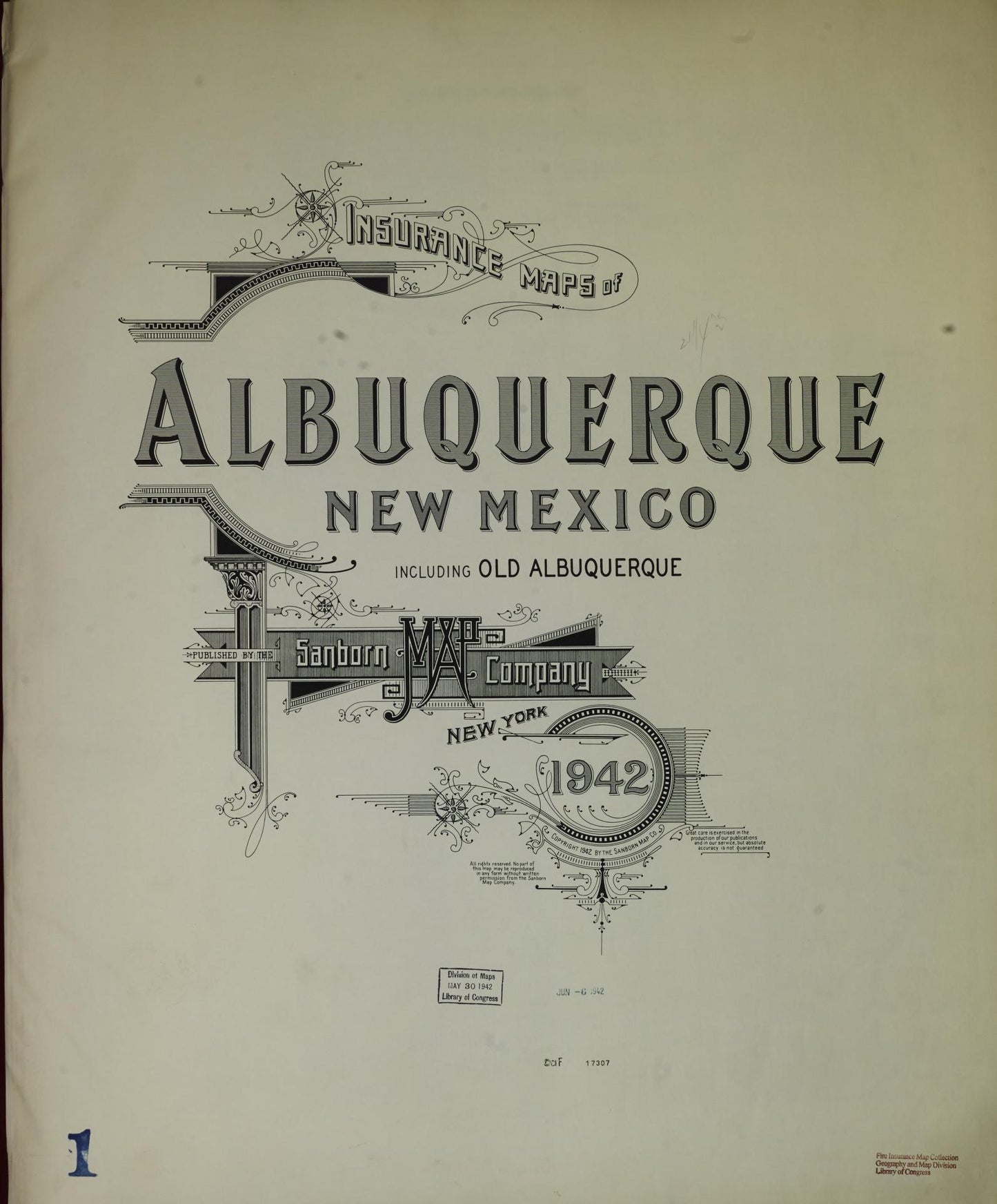 Sanborn Fire Insurance Map from Albuquerque, Bernalillo County, New Mexico (1942), Sheet #0001 - Historic Sanborn Fire Insurance Map Print, vintage old map wall art, antique decor, genealogy gift, New Mexico New Mexico map