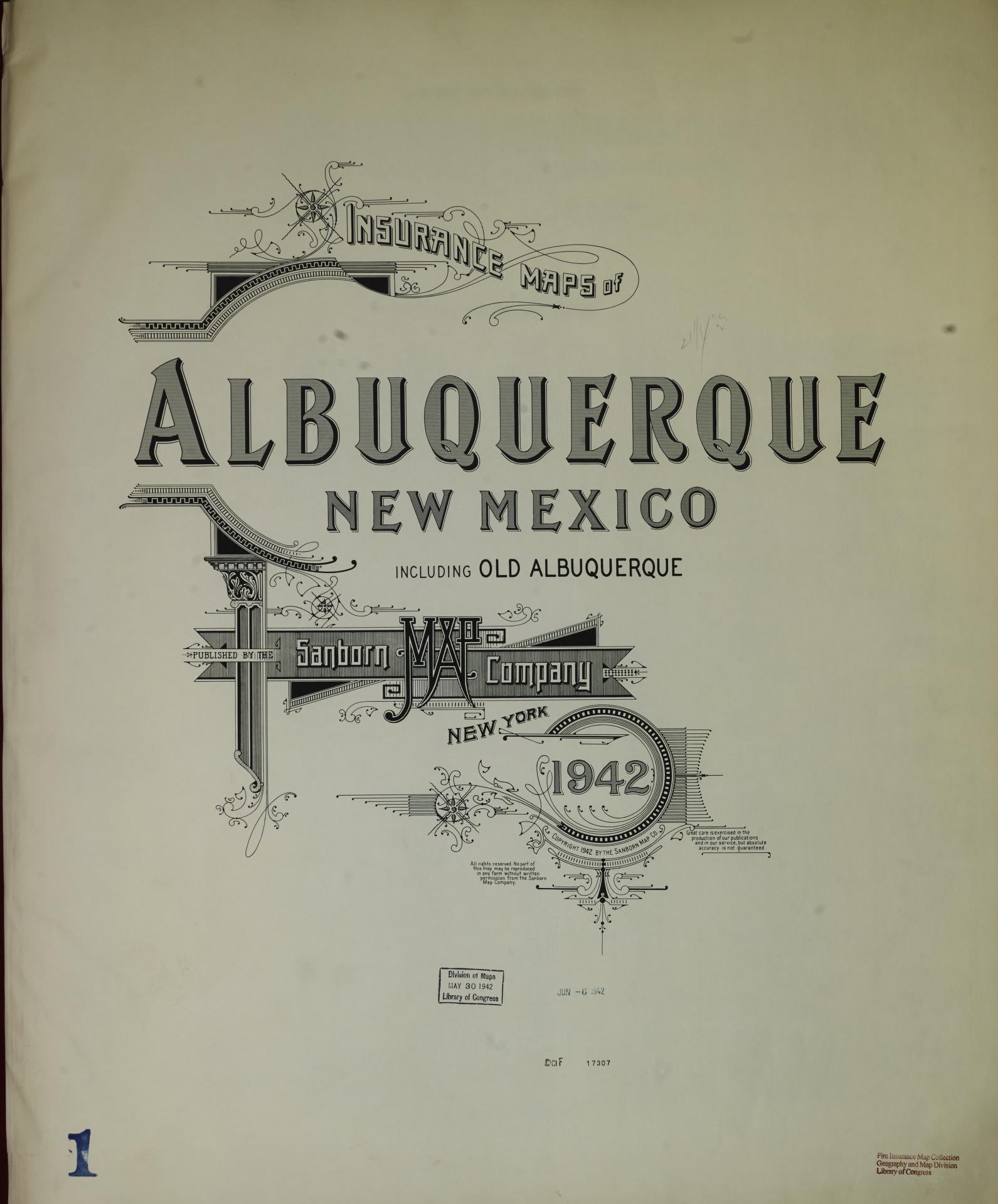 Sanborn Fire Insurance Map from Albuquerque, Bernalillo County, New Mexico (1942), Sheet #0001 - Historic Sanborn Fire Insurance Map Print, vintage old map wall art, antique decor, genealogy gift, New Mexico New Mexico map