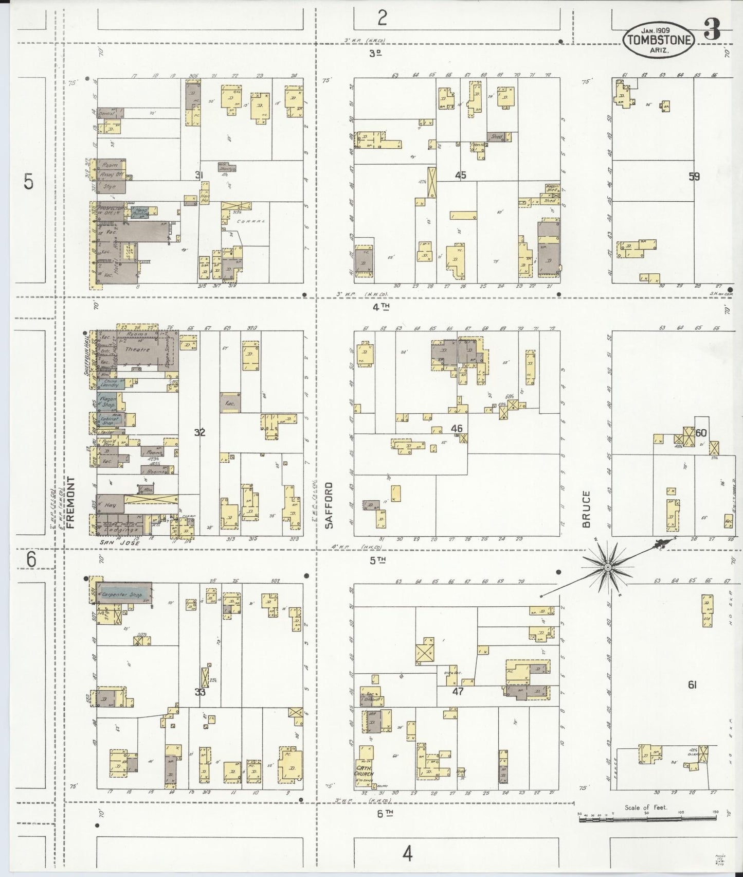 Sanborn Fire Insurance Map from Tombstone, Cochise County, Arizona (1909), Sheet #0003 - Complete Map Set gallery image, historic Sanborn map, vintage wall art, Arizona Arizona
