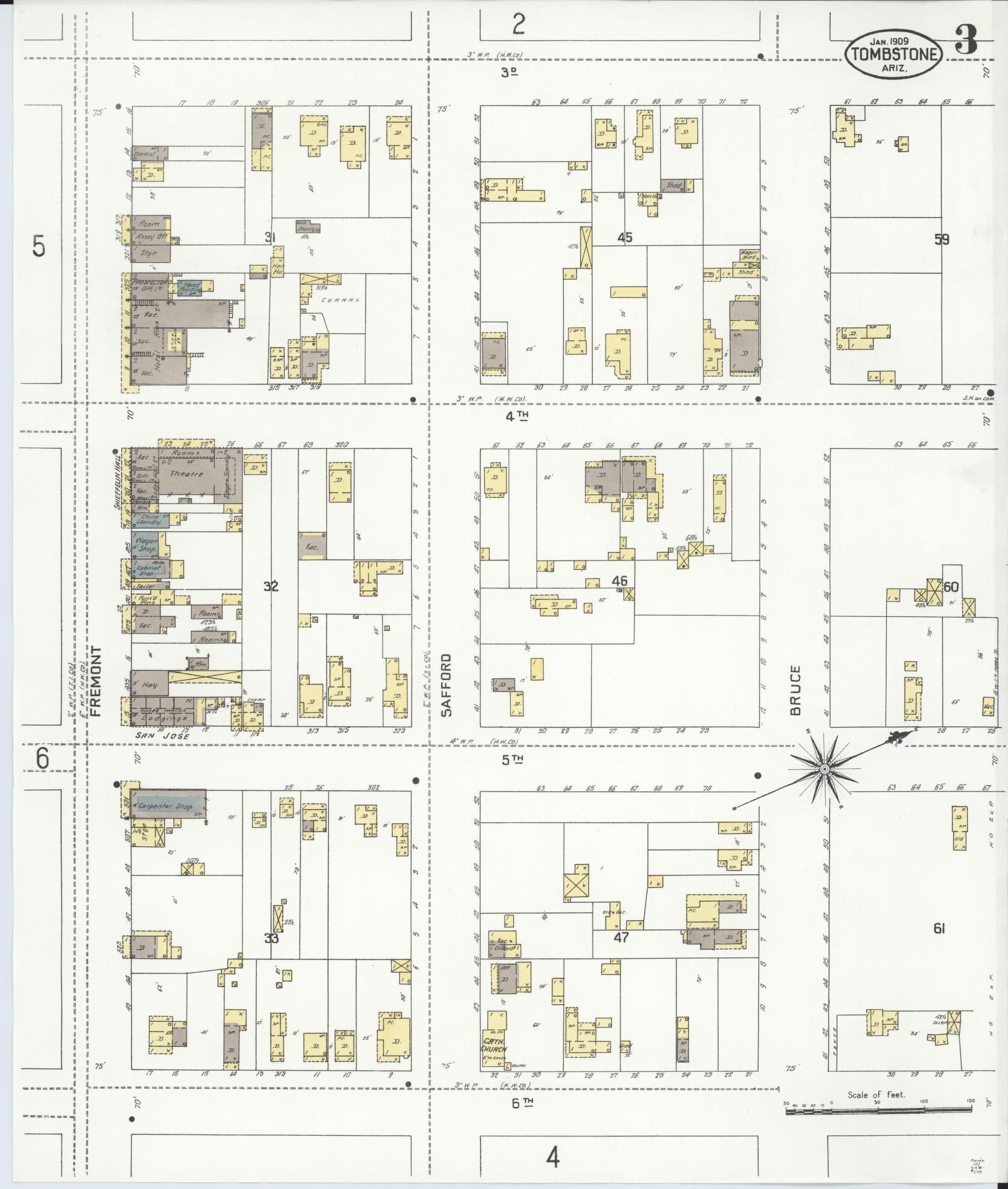 Sanborn Fire Insurance Map from Tombstone, Cochise County, Arizona (1909), Sheet #0003 - Complete Map Set gallery image, historic Sanborn map, vintage wall art, Arizona Arizona