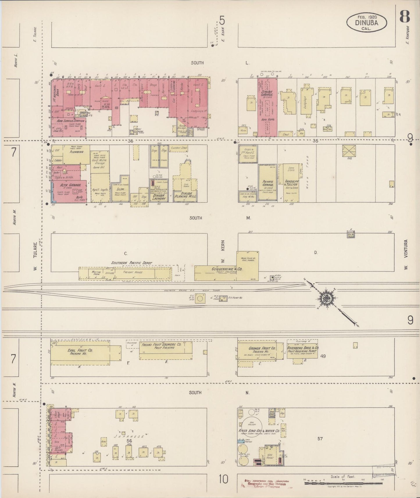 Sanborn Fire Insurance Map from Dinuba, Tulare County, California (1920), Sheet #0008 - Complete Map Set gallery image, historic Sanborn map, vintage wall art, California California