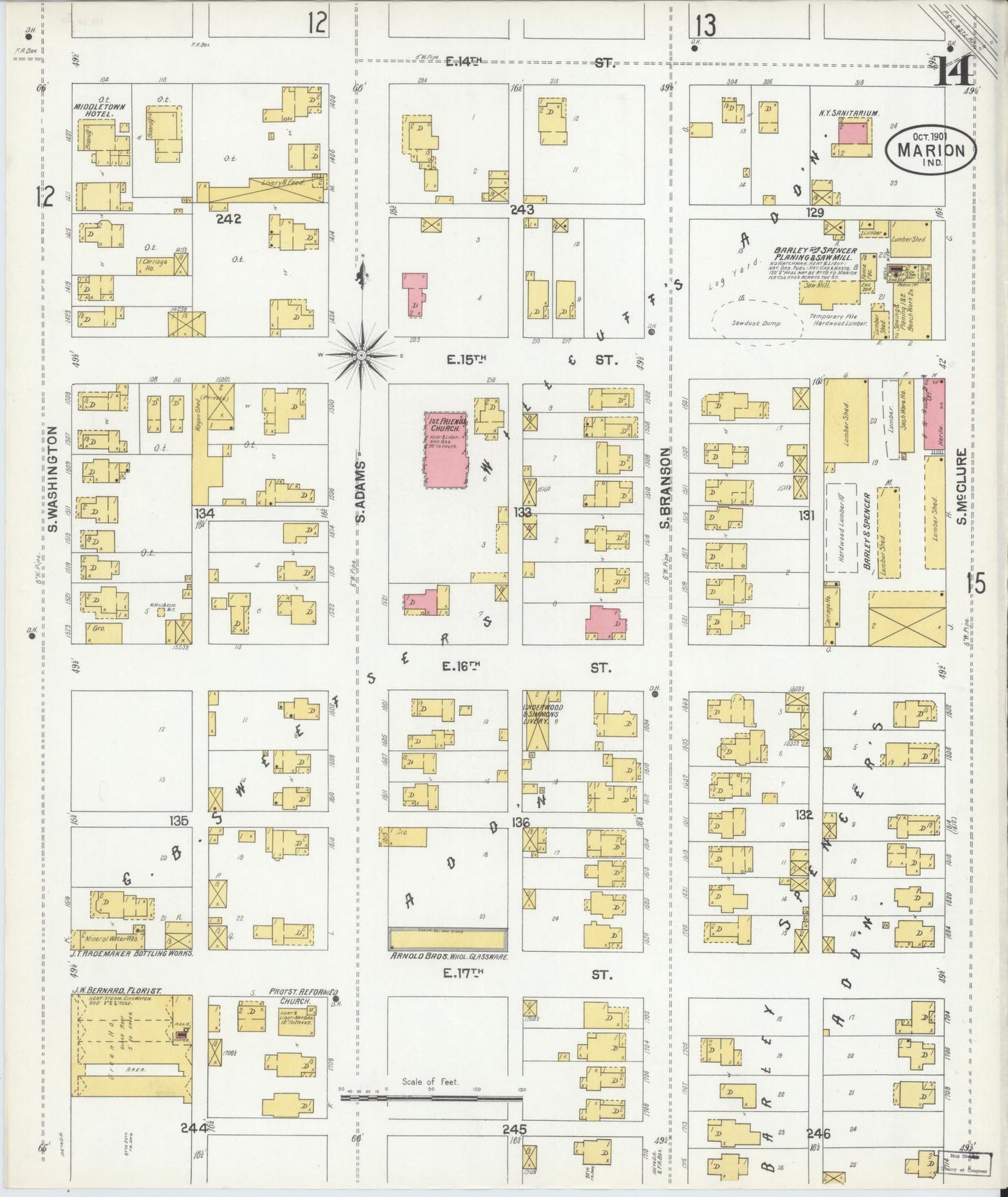 Sanborn Fire Insurance Map from Marion, Grant County, Indiana (1901), Sheet #0014 - Historic Sanborn Fire Insurance Map Print, vintage old map wall art, antique decor, genealogy gift, Indiana Indiana map