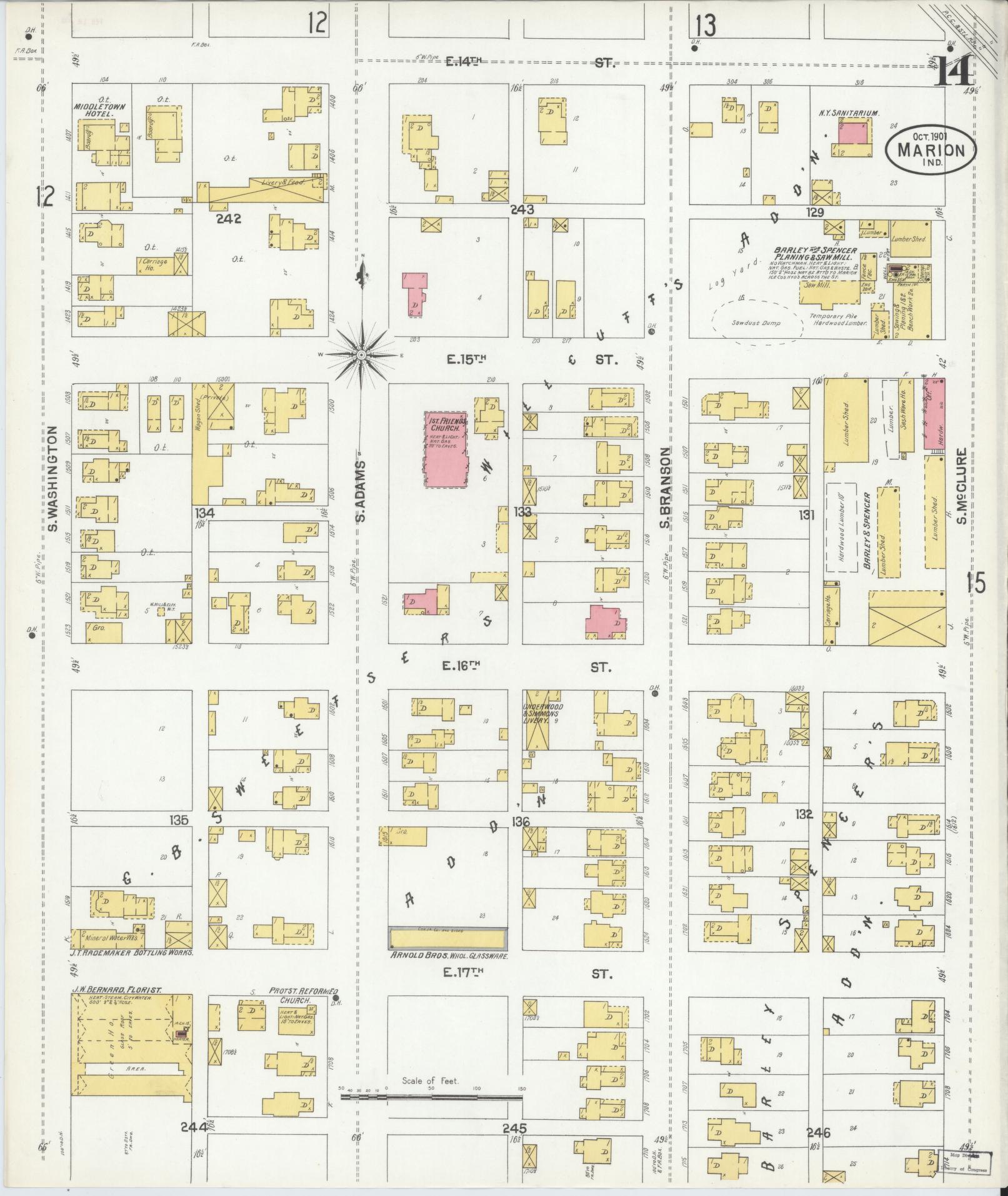 Sanborn Fire Insurance Map from Marion, Grant County, Indiana (1901), Sheet #0014 - Historic Sanborn Fire Insurance Map Print, vintage old map wall art, antique decor, genealogy gift, Indiana Indiana map