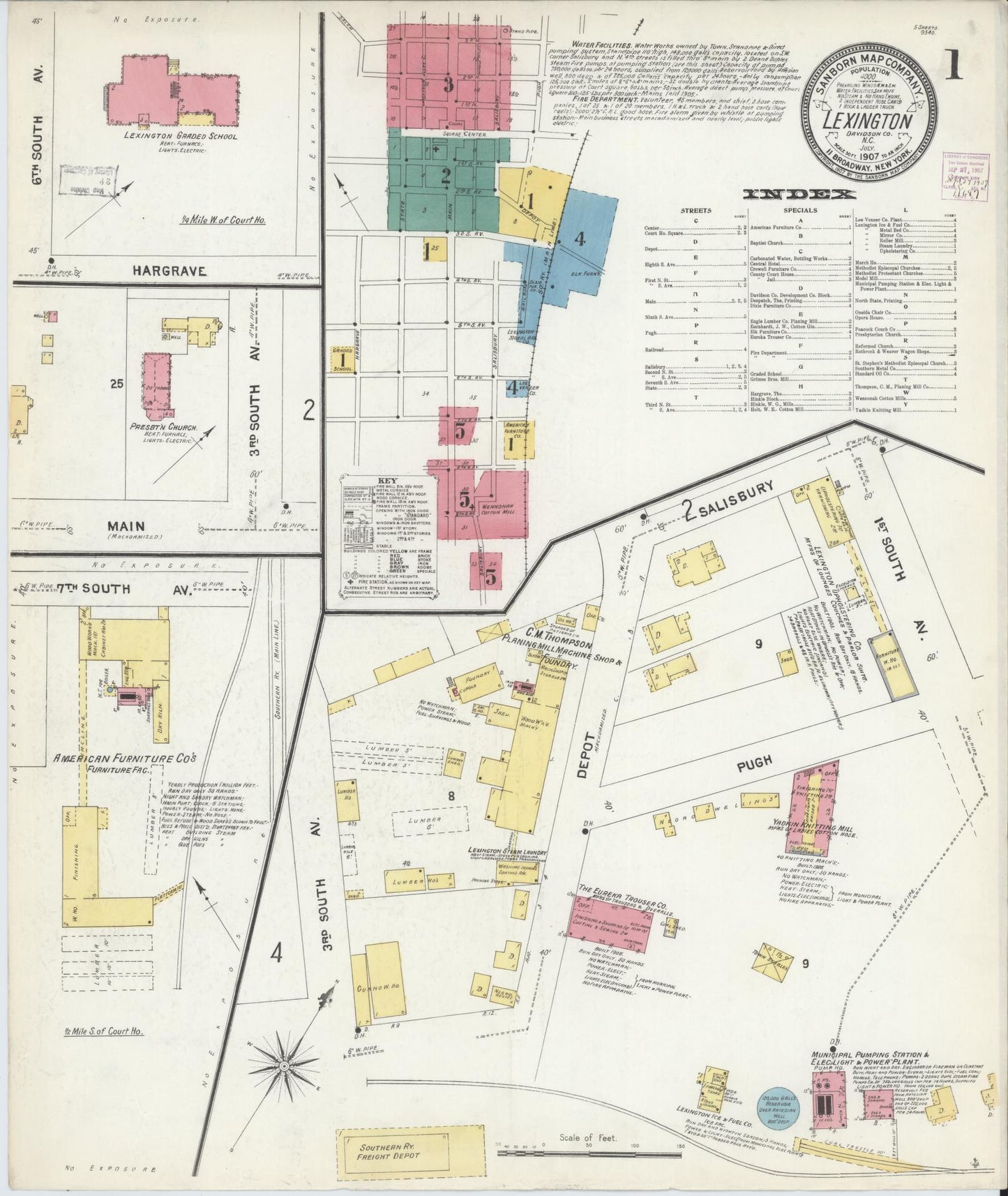 Sanborn Fire Insurance Map from Lexington, Davidson County, North Carolina (1907), Sheet #0001 - Historic Sanborn Fire Insurance Map Print, vintage old map wall art, antique decor, genealogy gift, North Carolina North Carolina map