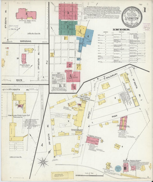 Sanborn Fire Insurance Map from Lexington, Davidson County, North Carolina (1907), Sheet #0001 - Historic Sanborn Fire Insurance Map Print, vintage old map wall art, antique decor, genealogy gift, North Carolina North Carolina map