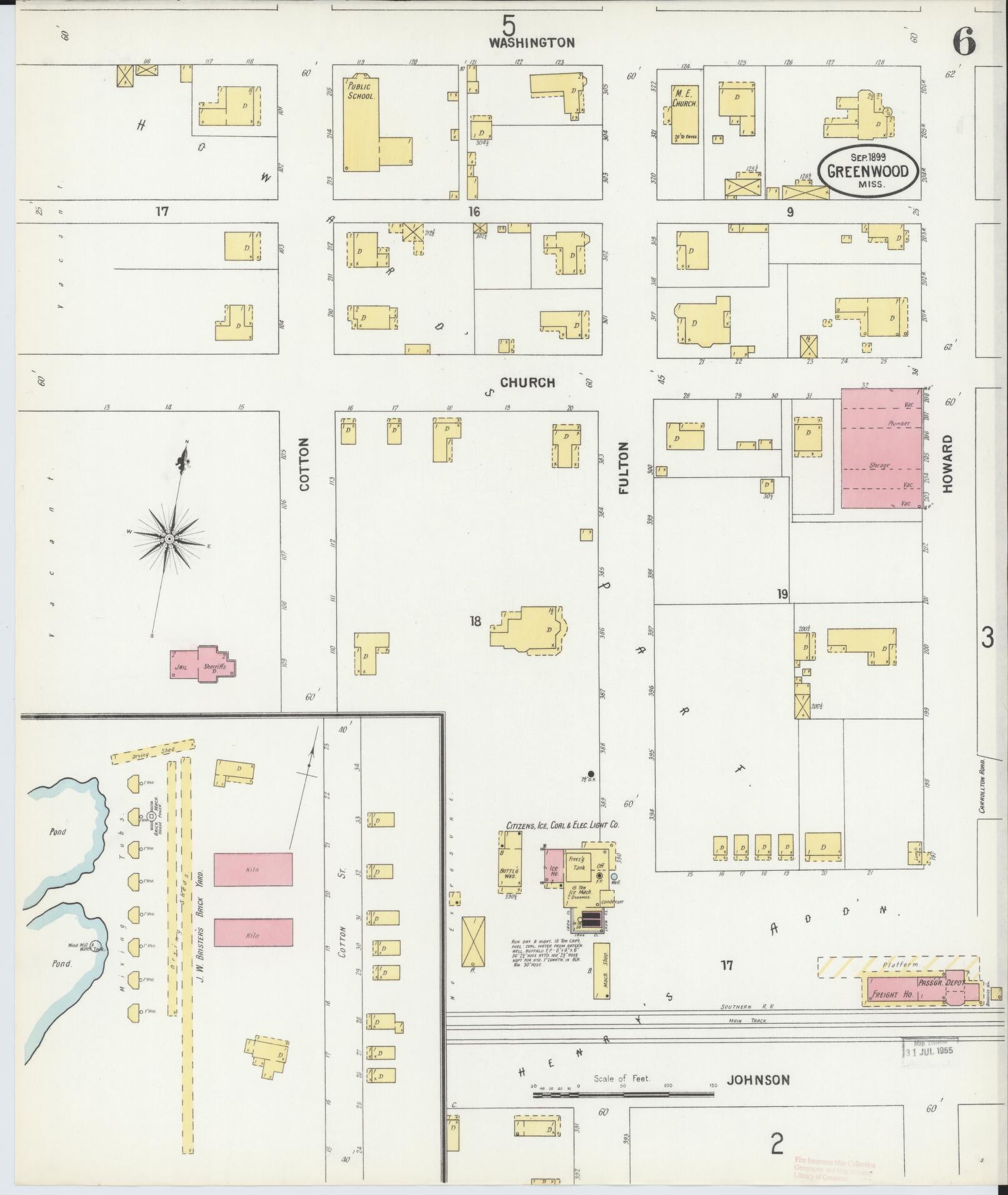 Sanborn Fire Insurance Map from Greenwood, Leflore County, Mississippi (1899), Sheet #0006 - Historic Sanborn Fire Insurance Map Print, vintage old map wall art, antique decor, genealogy gift, Mississippi Mississippi map