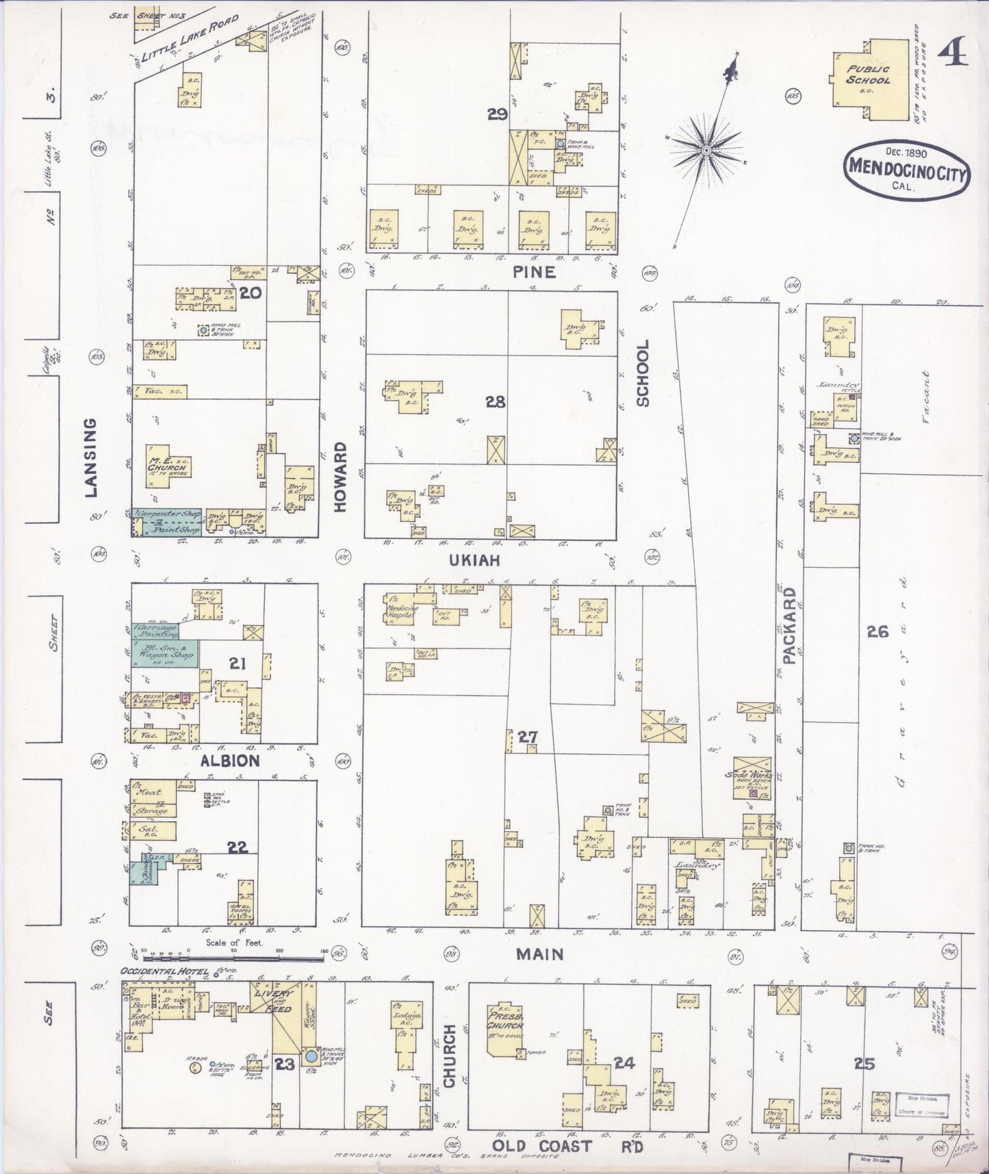Sanborn Fire Insurance Map from Mendocino, Mendocino County, California (1890), Sheet #0004 - Historic Sanborn Fire Insurance Map Print, vintage old map wall art, antique decor, genealogy gift, California California map