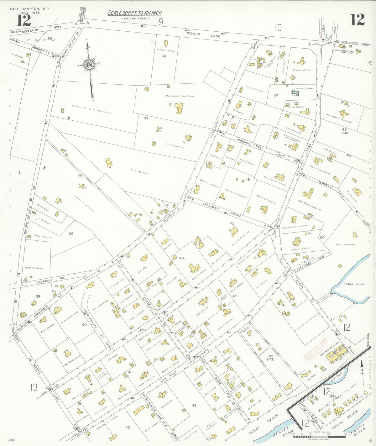 Sanborn Fire Insurance Map from Easthampton, Suffolk County, New York (1936), Sheet #0012 - Complete Map Set gallery image, historic Sanborn map, vintage wall art, New York New York