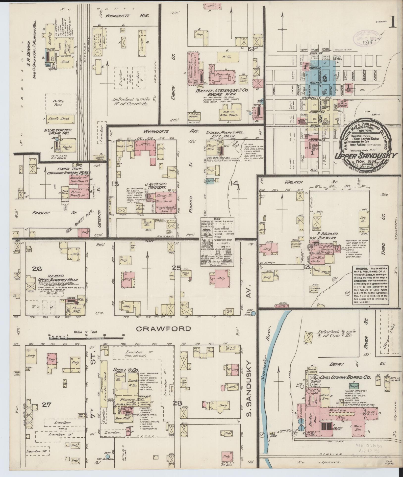 Sanborn Fire Insurance Map from Upper Sandusky, Wyandot County, Ohio (1884), Sheet #0001 - Historic Sanborn Fire Insurance Map Print, vintage old map wall art, antique decor, genealogy gift, Ohio Ohio map