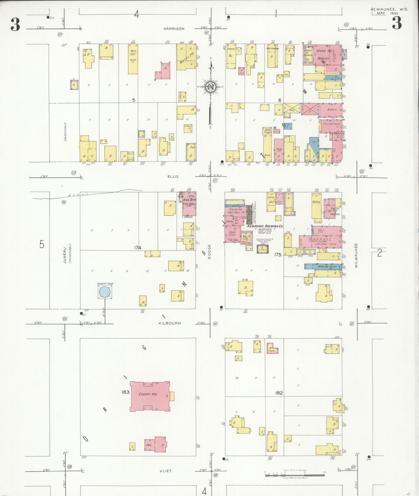 Sanborn Fire Insurance Map from Kewaunee, Kewaunee County, Wisconsin (1933), Sheet #0003 - Historic Sanborn Fire Insurance Map Print, vintage old map wall art, antique decor, genealogy gift, Wisconsin Wisconsin map