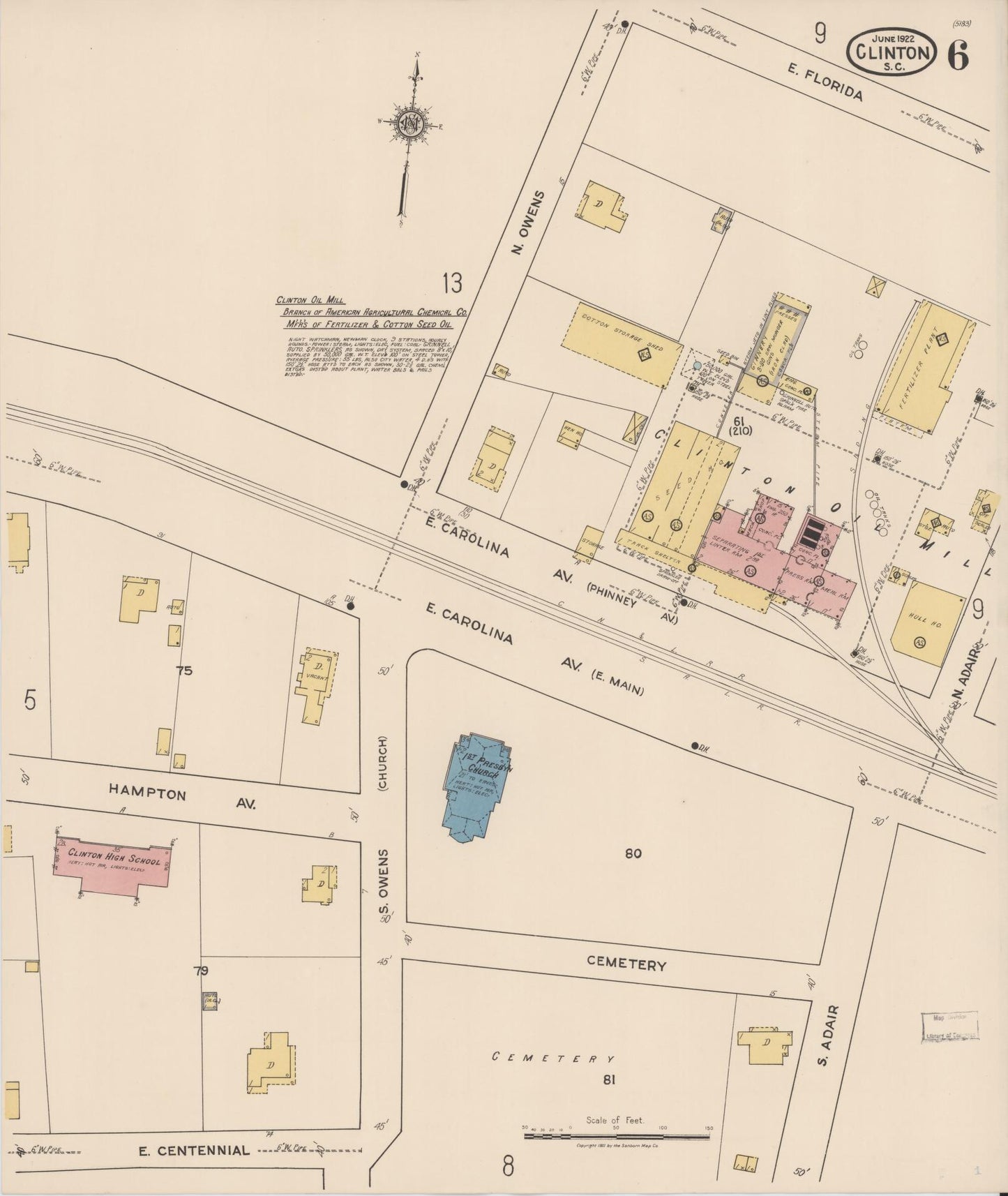 Sanborn Fire Insurance Map from Clinton, Laurens County, South Carolina (1922), Sheet #0006 - Complete Map Set gallery image, historic Sanborn map, vintage wall art, South Carolina South Carolina