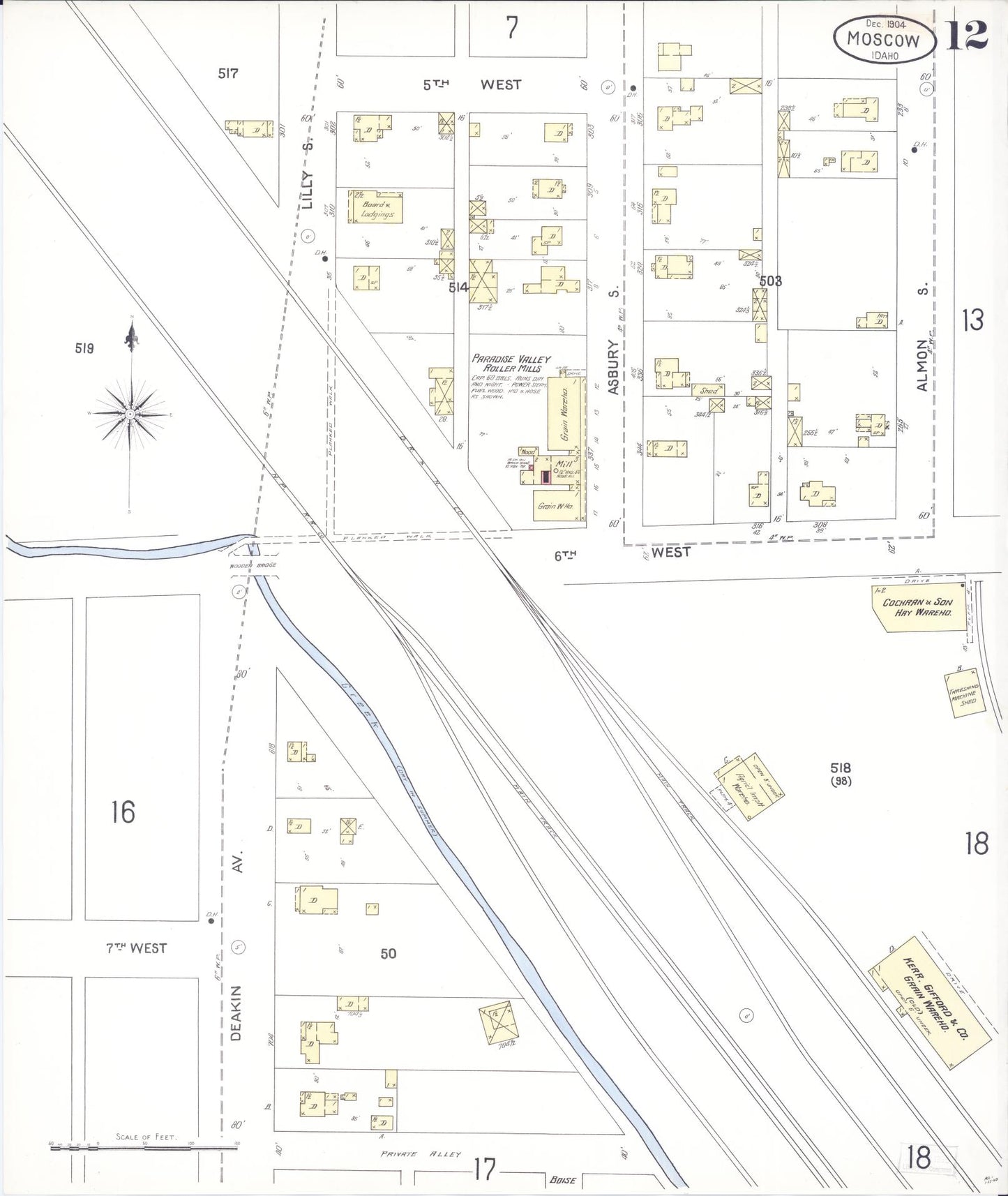 Sanborn Fire Insurance Map from Moscow, Latah County, Idaho (1904), Sheet #0012 - Historic Sanborn Fire Insurance Map Print, vintage old map wall art, antique decor, genealogy gift, Idaho Idaho map
