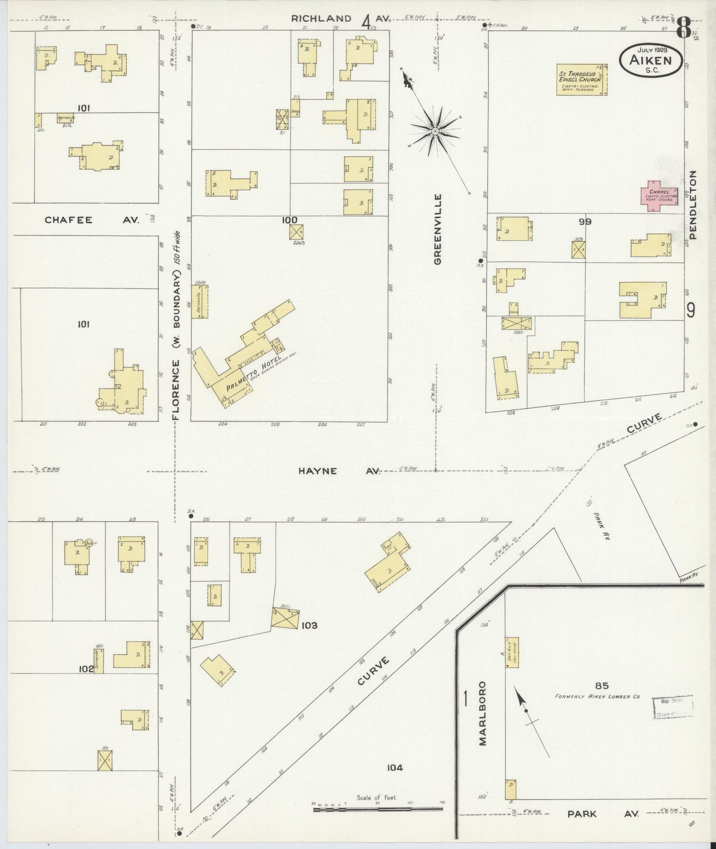 Sanborn Fire Insurance Map from Aiken, Aiken County, South Carolina (1909), Sheet #0008 - Complete Map Set gallery image, historic Sanborn map, vintage wall art, South Carolina South Carolina