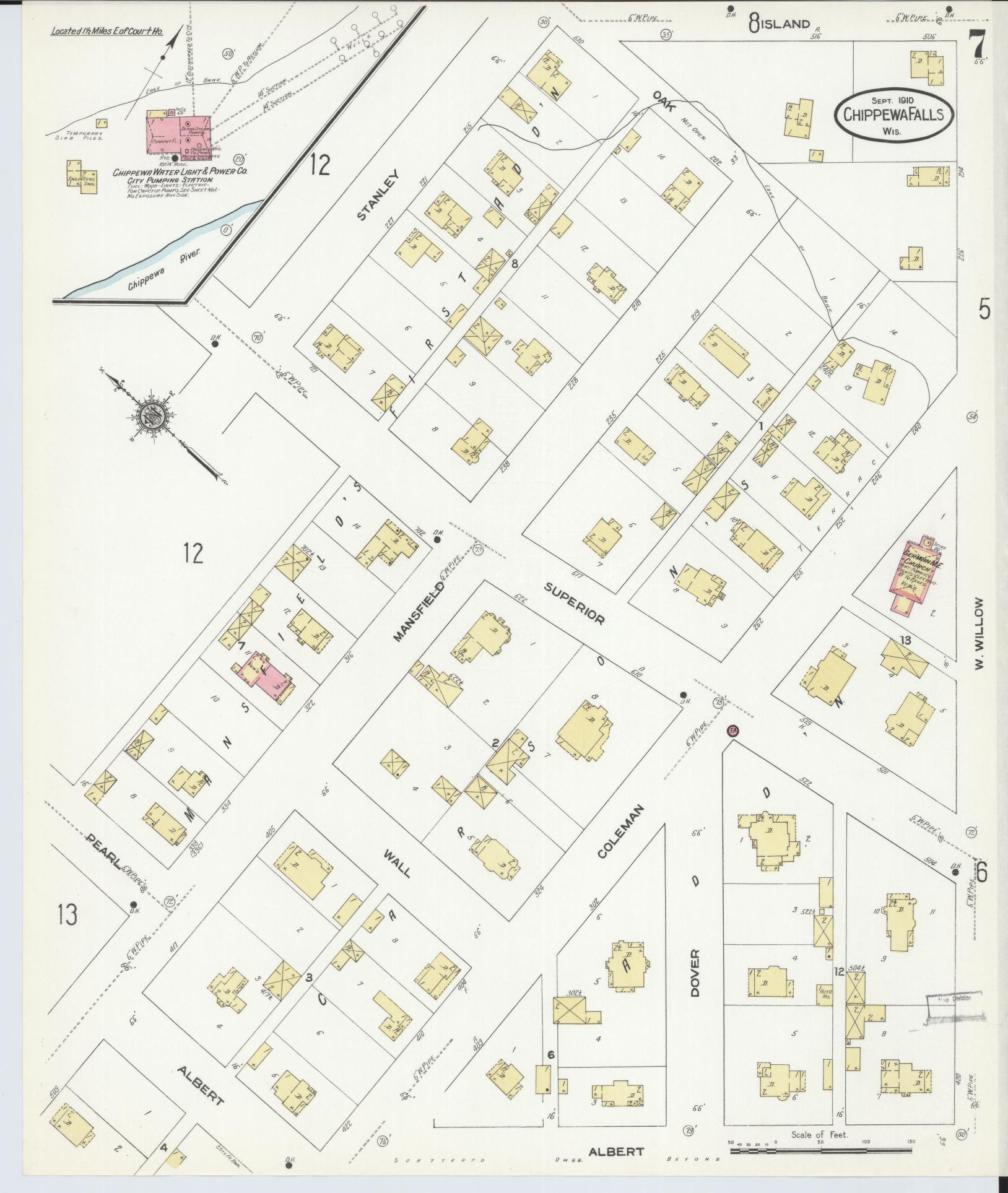 Sanborn Fire Insurance Map from Chippewa Falls, Chippewa County, Wisconsin (1910), Sheet #0007 - Historic Sanborn Fire Insurance Map Print, vintage old map wall art, antique decor, genealogy gift, Wisconsin Wisconsin map