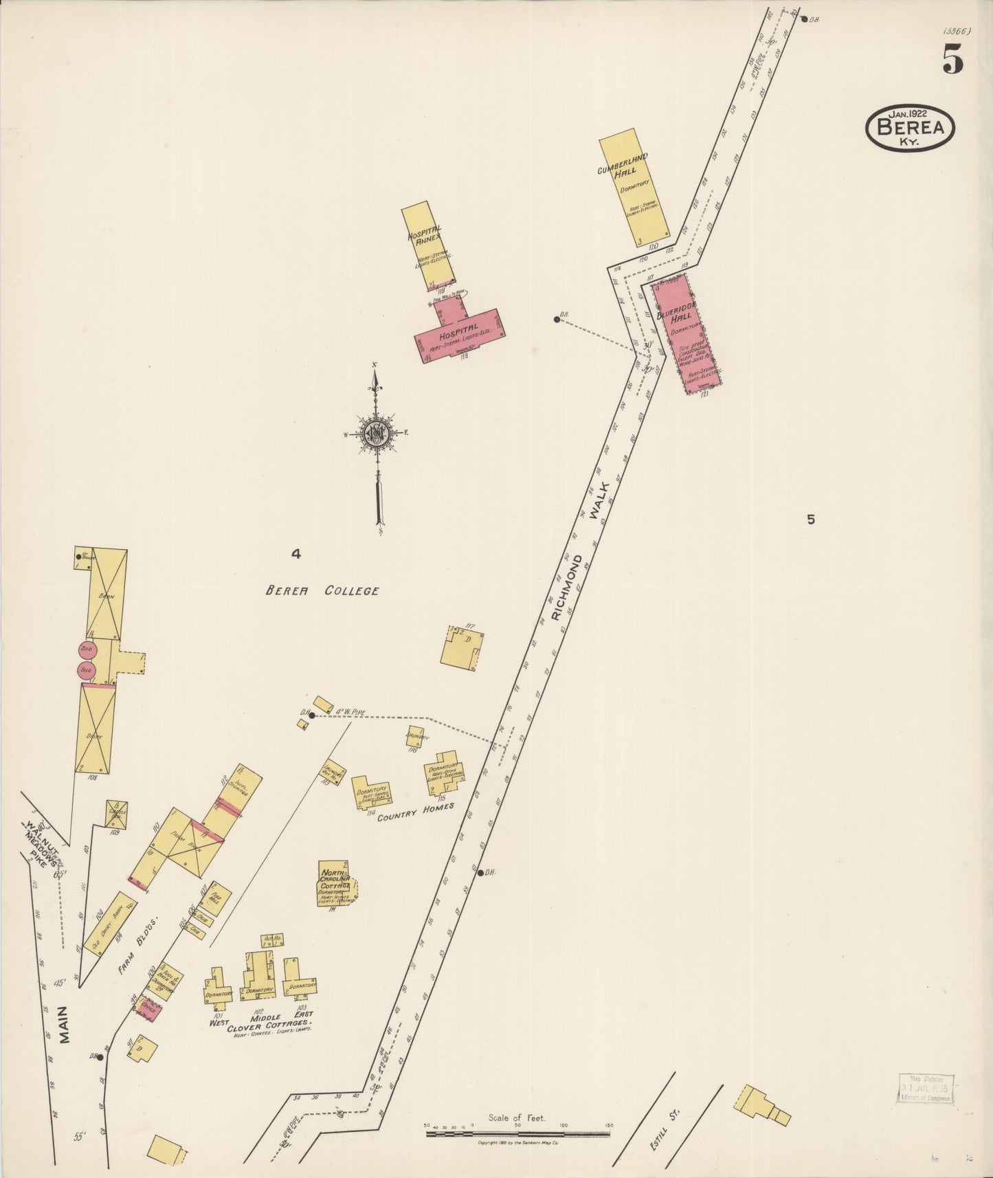 Sanborn Fire Insurance Map from Berea, Madison County, Kentucky (1922), Sheet #0005 - Historic Sanborn Fire Insurance Map Print, vintage old map wall art, antique decor, genealogy gift, Kentucky Kentucky map