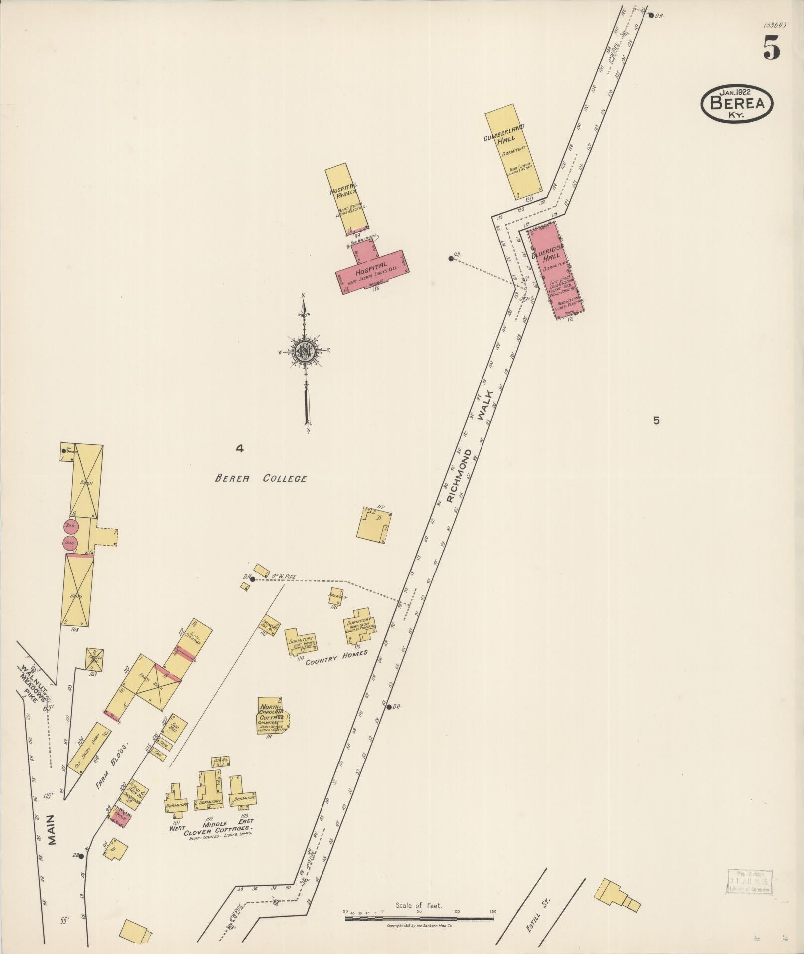 Sanborn Fire Insurance Map from Berea, Madison County, Kentucky (1922), Sheet #0005 - Historic Sanborn Fire Insurance Map Print, vintage old map wall art, antique decor, genealogy gift, Kentucky Kentucky map