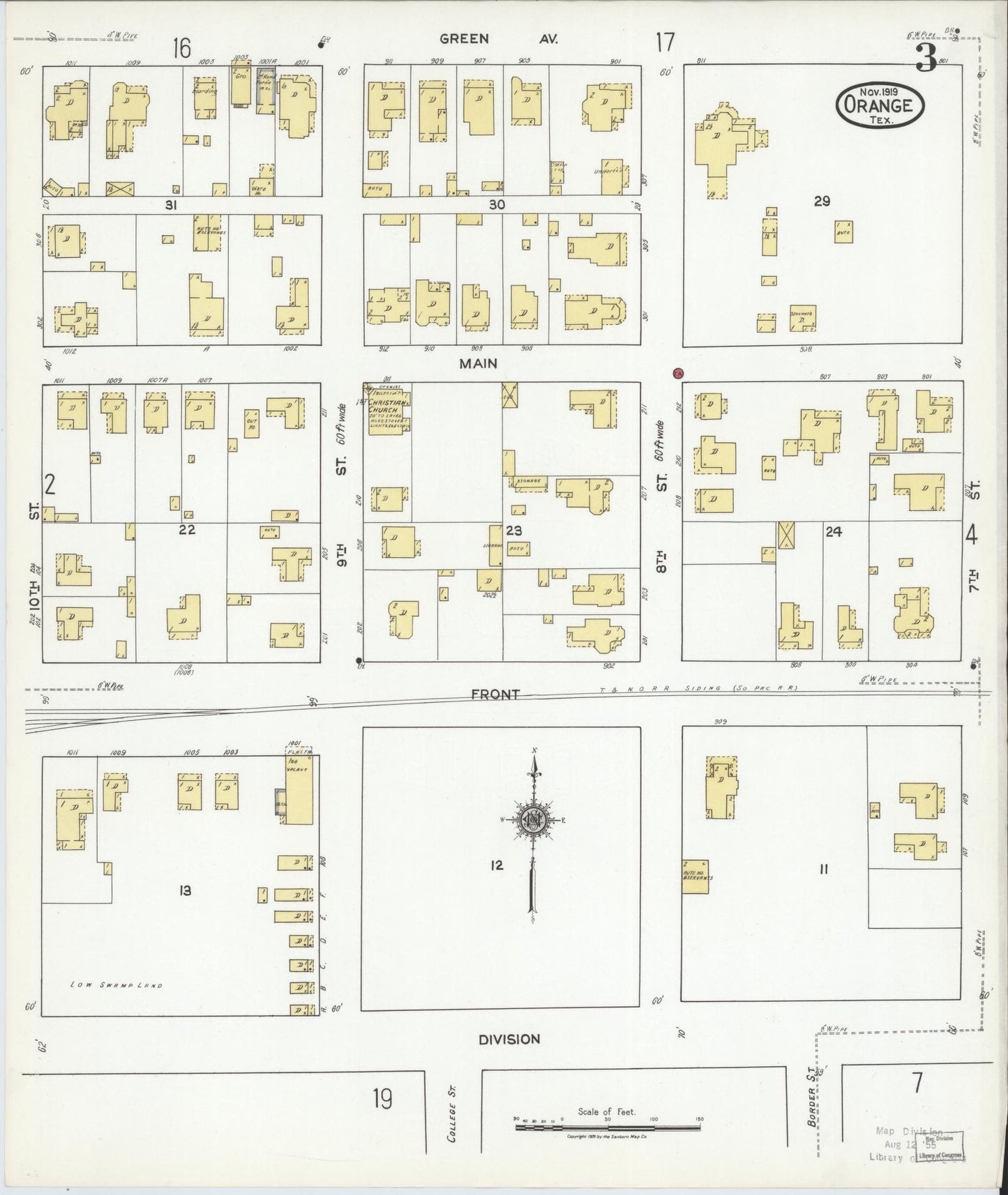 Sanborn Fire Insurance Map from Orange, Orange County, Texas (1919), Sheet #0003 - Historic Sanborn Fire Insurance Map Print, vintage old map wall art, antique decor, genealogy gift, Texas Texas map