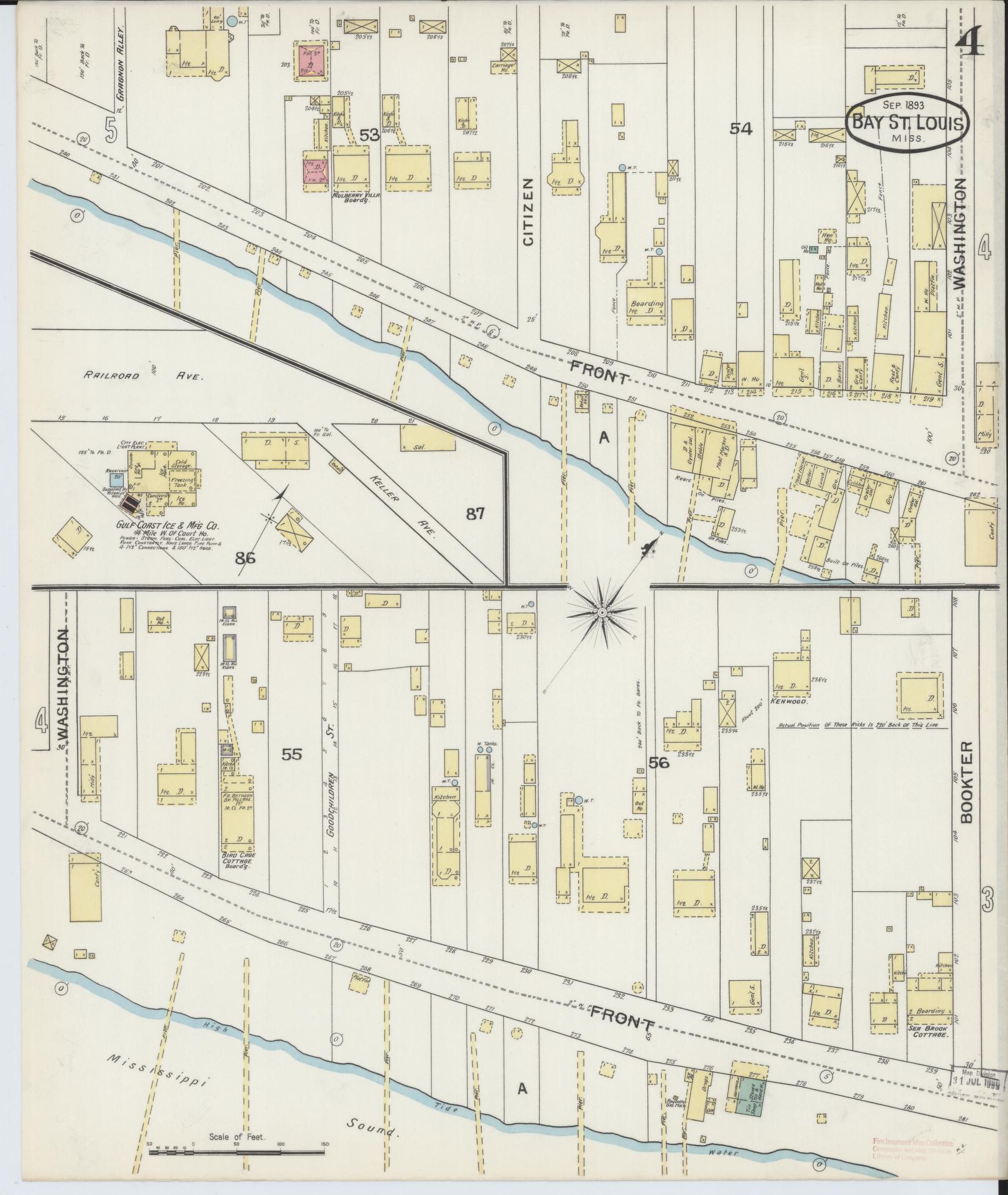Sanborn Fire Insurance Map from Bay Saint Louis, Hancock County, Mississippi (1893), Sheet #0004 - Historic Sanborn Fire Insurance Map Print, vintage old map wall art, antique decor, genealogy gift, Mississippi Mississippi map