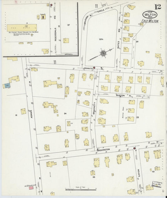 Sanborn Fire Insurance Map from Milton, Norfolk County, Massachusetts (1911), Sheet #0012 - Historic Sanborn Fire Insurance Map Print, vintage old map wall art, antique decor, genealogy gift, Massachusetts Massachusetts map