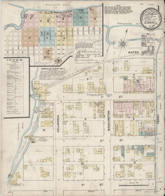 Sanborn Fire Insurance Map from Albany, Linn County, Oregon (1888), Sheet #0001 - Historic Sanborn Fire Insurance Map Print, vintage old map wall art, antique decor, genealogy gift, Oregon Oregon map