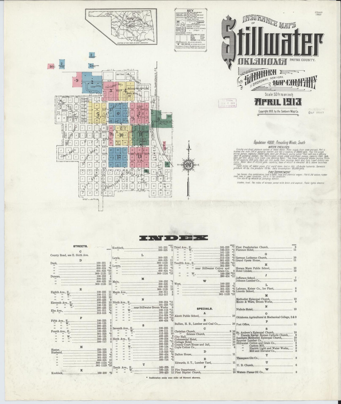 Sanborn Fire Insurance Map from Stillwater, Payne County, Oklahoma (1913), Sheet #0001 - Complete Map Set gallery image, historic Sanborn map, vintage wall art, Oklahoma Oklahoma