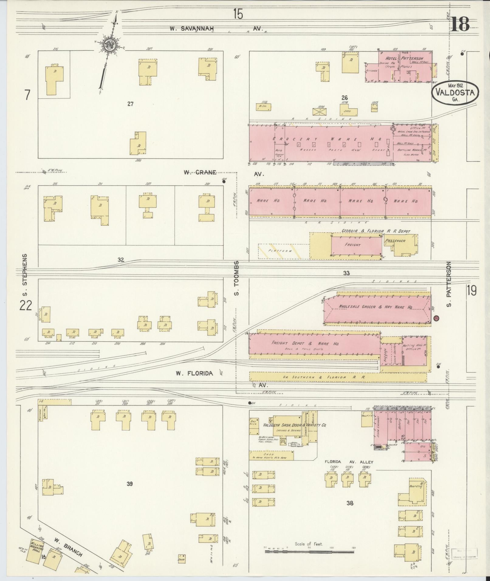 Sanborn Fire Insurance Map from Valdosta, Lowndes County, Georgia (1912), Sheet #0018 - Complete Map Set gallery image, historic Sanborn map, vintage wall art, Georgia Georgia