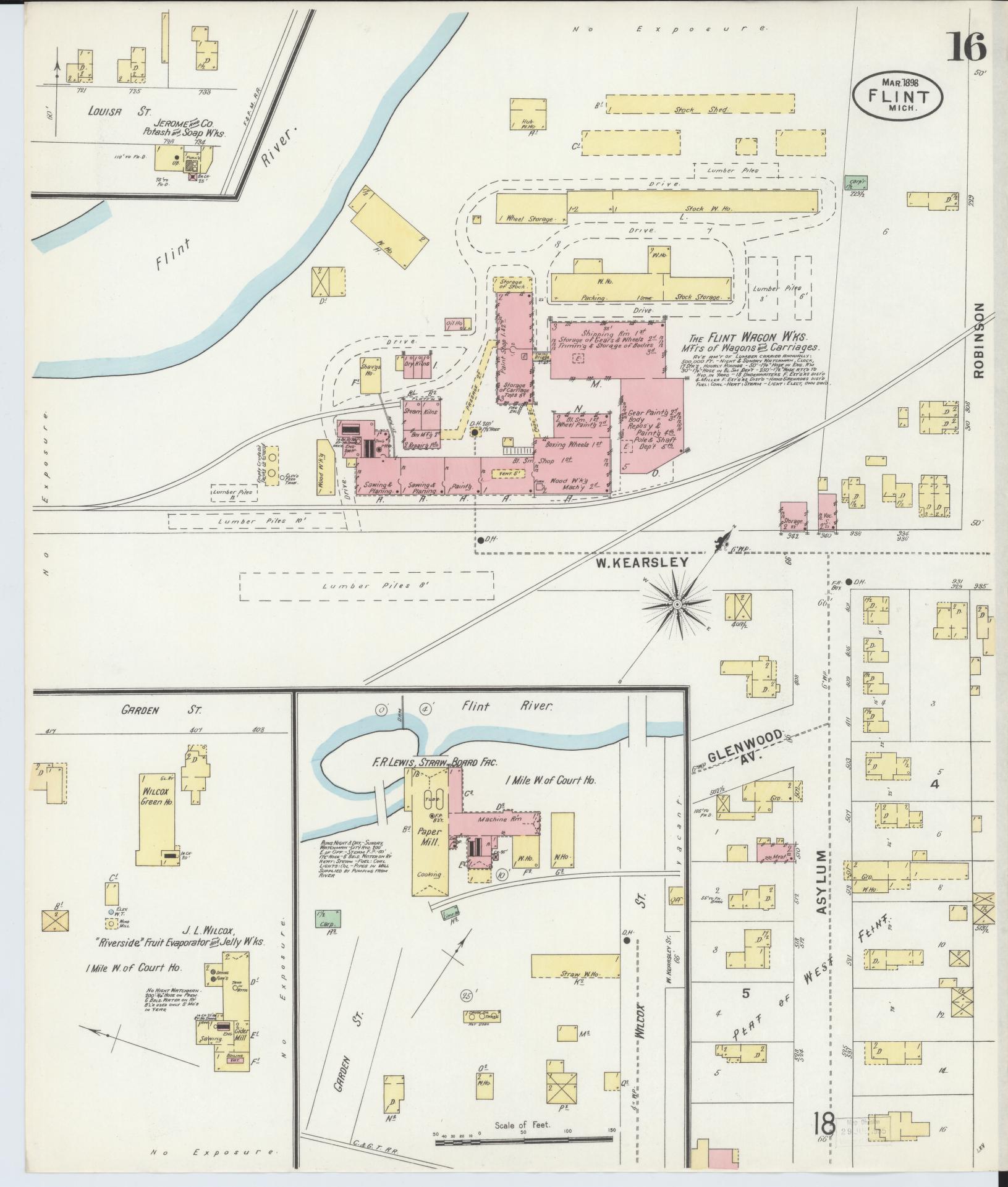 Sanborn Fire Insurance Map from Flint, Genesee County, Michigan (1898), Sheet #0016 - Historic Sanborn Fire Insurance Map Print, vintage old map wall art, antique decor, genealogy gift, Michigan Michigan map