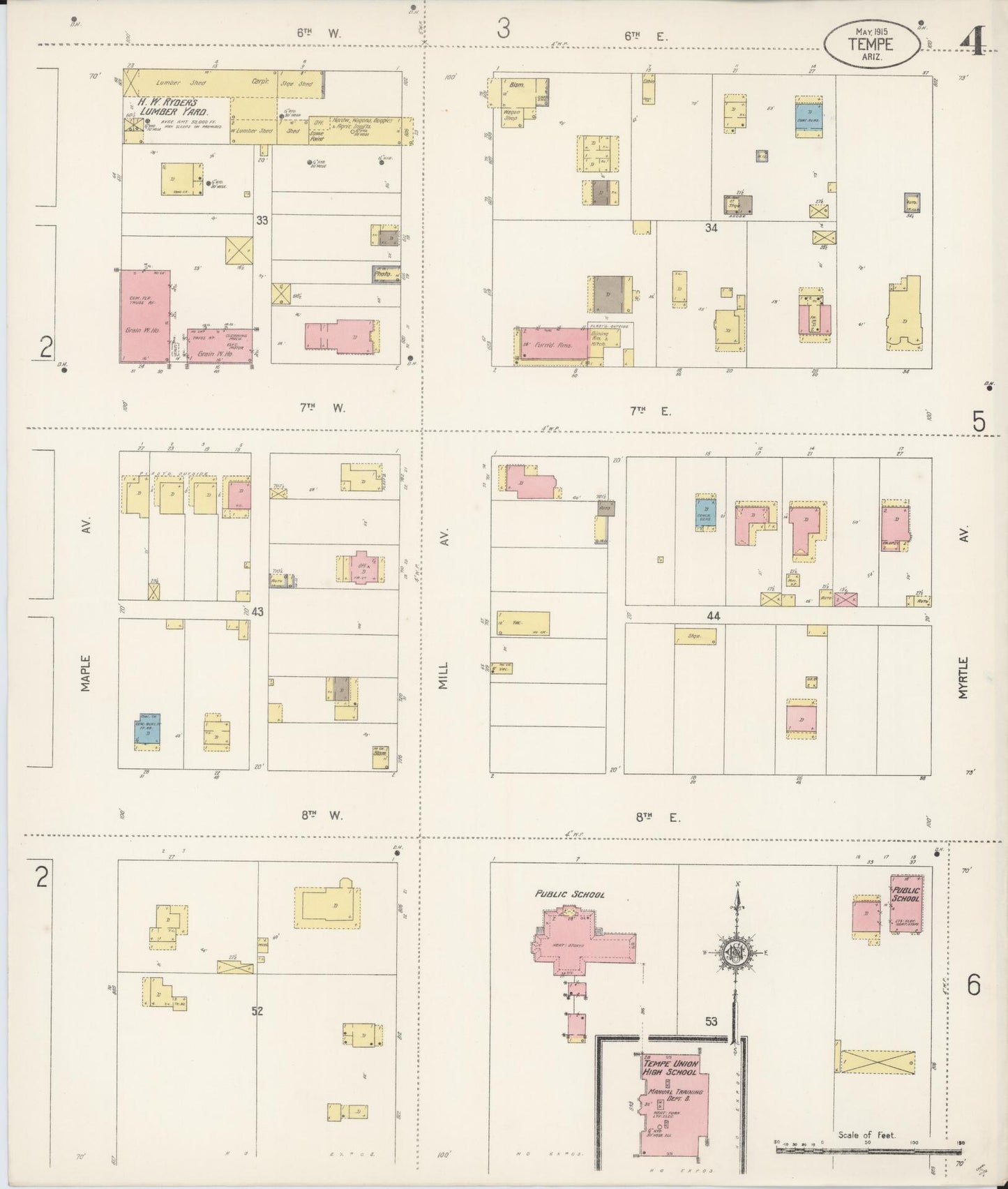Sanborn Fire Insurance Map from Tempe, Maricopa County, Arizona (1915), Sheet #0004 - Complete Map Set gallery image, historic Sanborn map, vintage wall art, Arizona Arizona