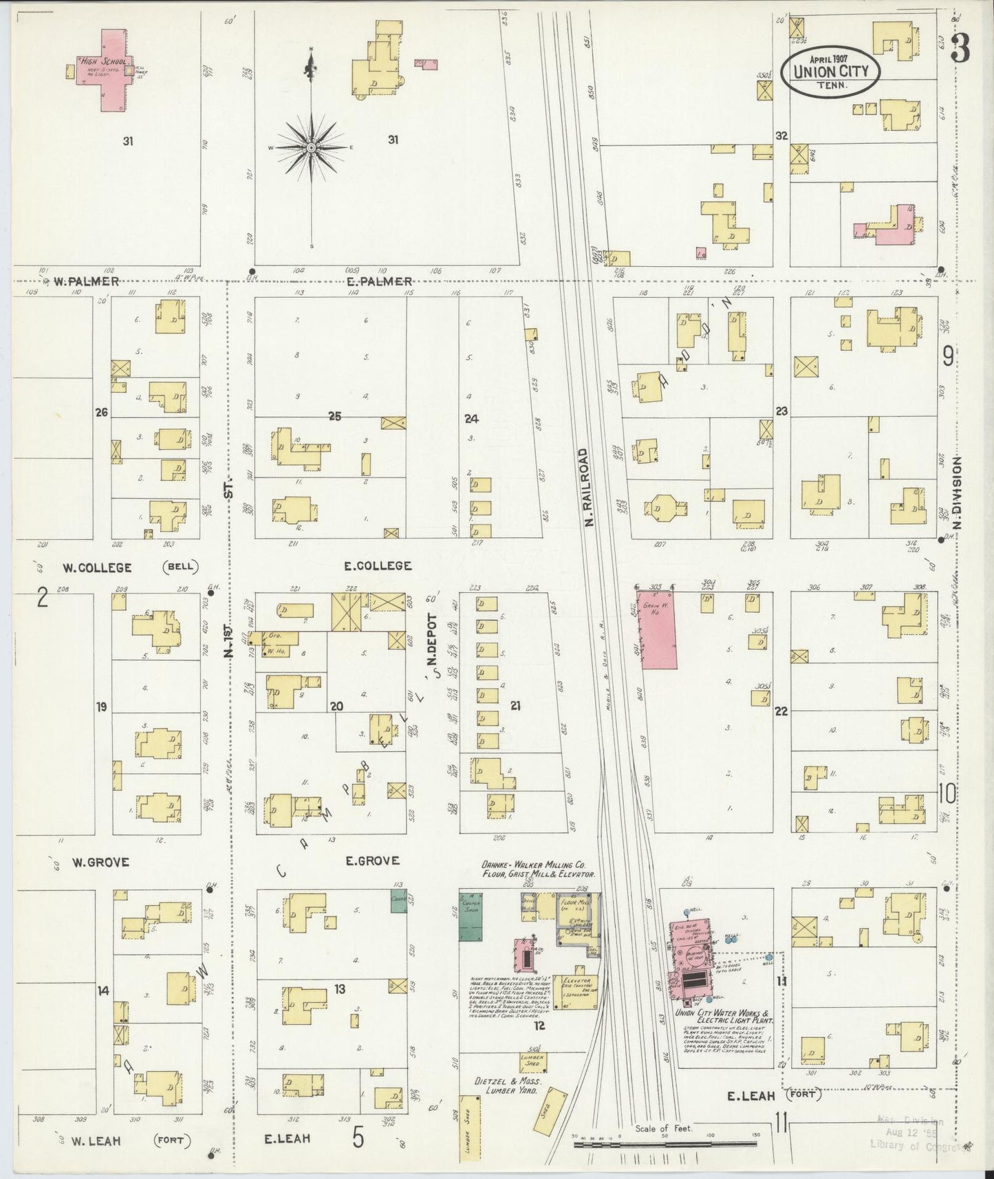Sanborn Fire Insurance Map from Union City, Obion County, Tennessee (1907), Sheet #0003 - Complete Map Set gallery image, historic Sanborn map, vintage wall art, Tennessee Tennessee