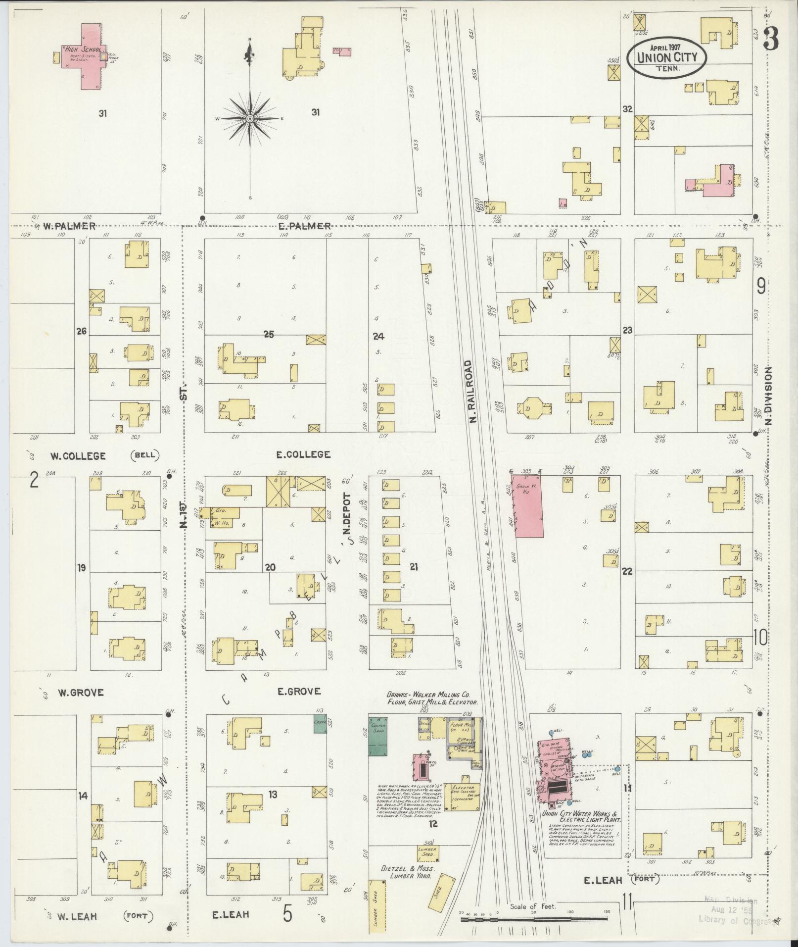 Sanborn Fire Insurance Map from Union City, Obion County, Tennessee (1907), Sheet #0003 - Complete Map Set gallery image, historic Sanborn map, vintage wall art, Tennessee Tennessee