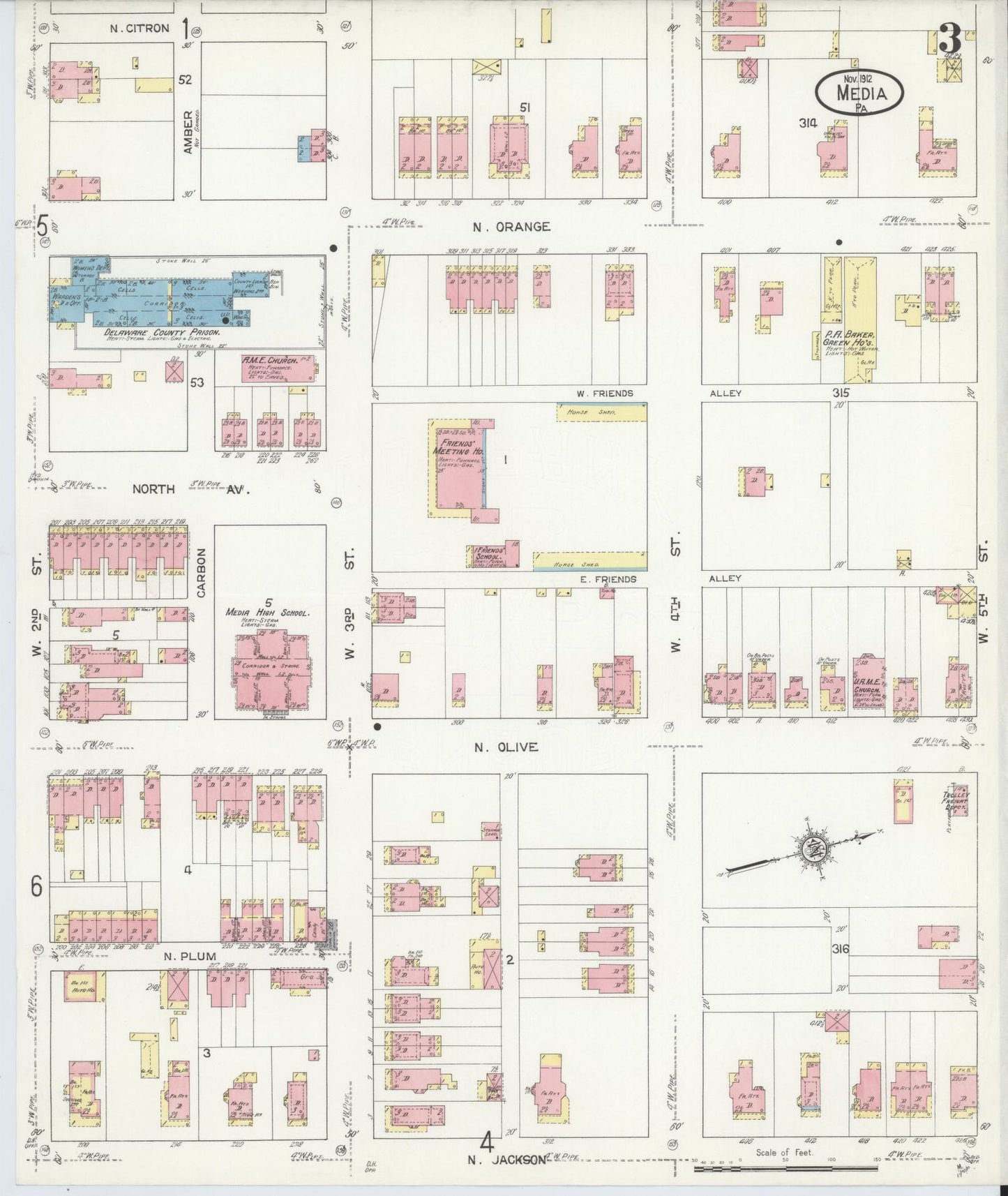 Sanborn Fire Insurance Map from Media, Delaware County, Pennsylvania (1912), Sheet #0003 - Complete Map Set gallery image, historic Sanborn map, vintage wall art, Pennsylvania Pennsylvania
