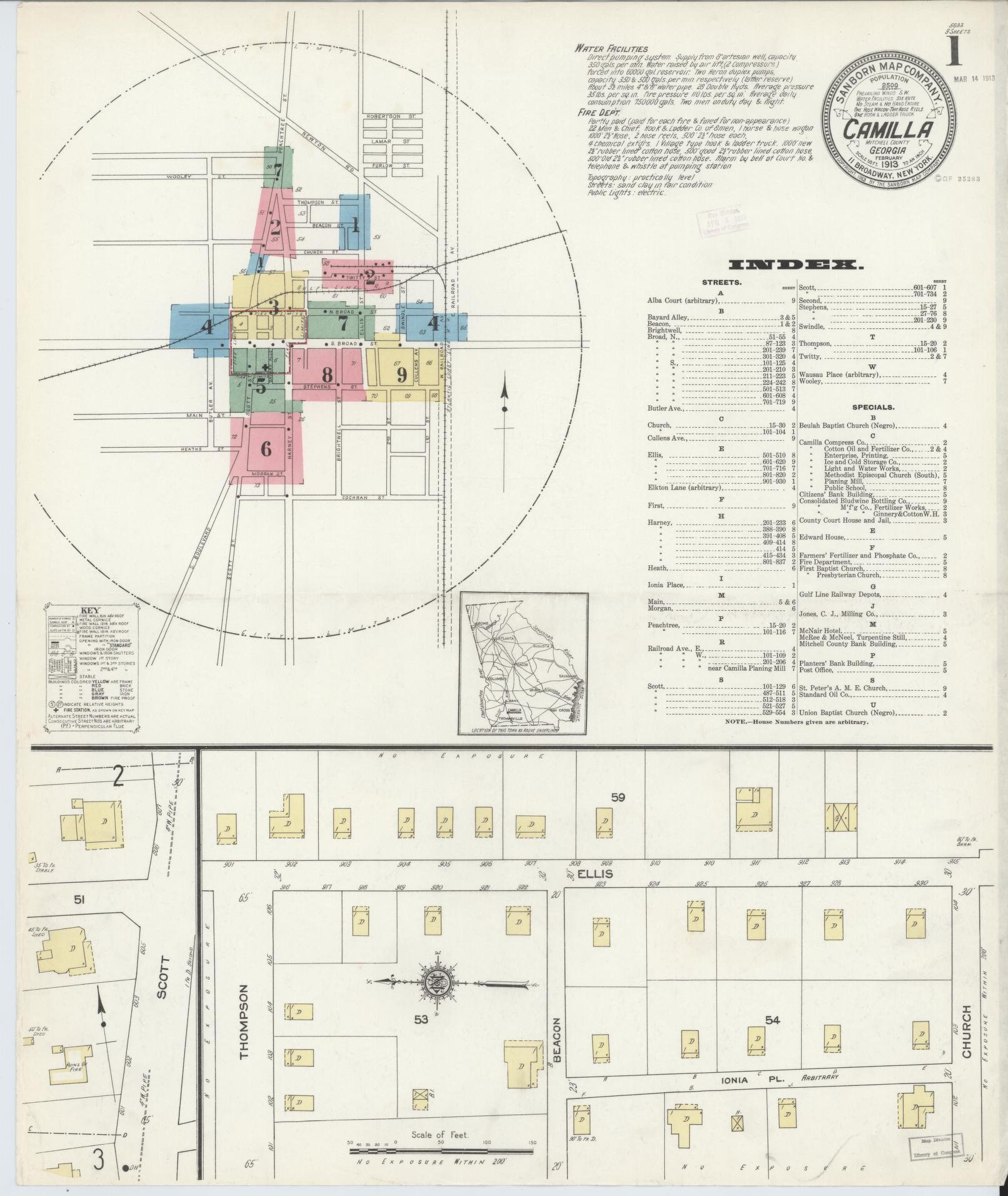 Sanborn Fire Insurance Map from Camilla, Mitchell County, Georgia (1913), Sheet #0001 - Complete Map Set gallery image, historic Sanborn map, vintage wall art, Georgia Georgia