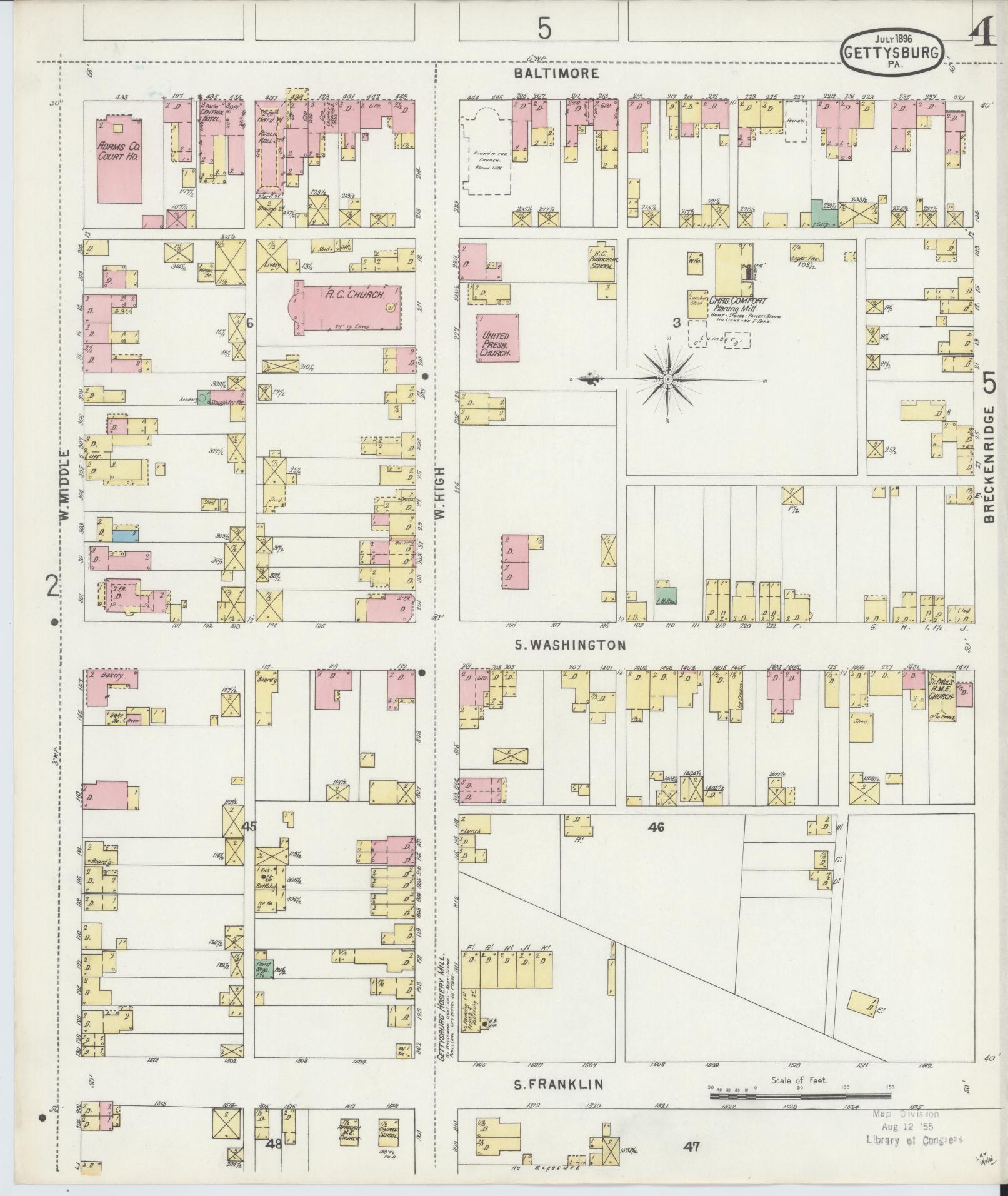 Sanborn Fire Insurance Map from Gettysburg, Adams County, Pennsylvania (1896), Sheet #0004 - Historic Sanborn Fire Insurance Map Print, vintage old map wall art, antique decor, genealogy gift, Pennsylvania Pennsylvania map